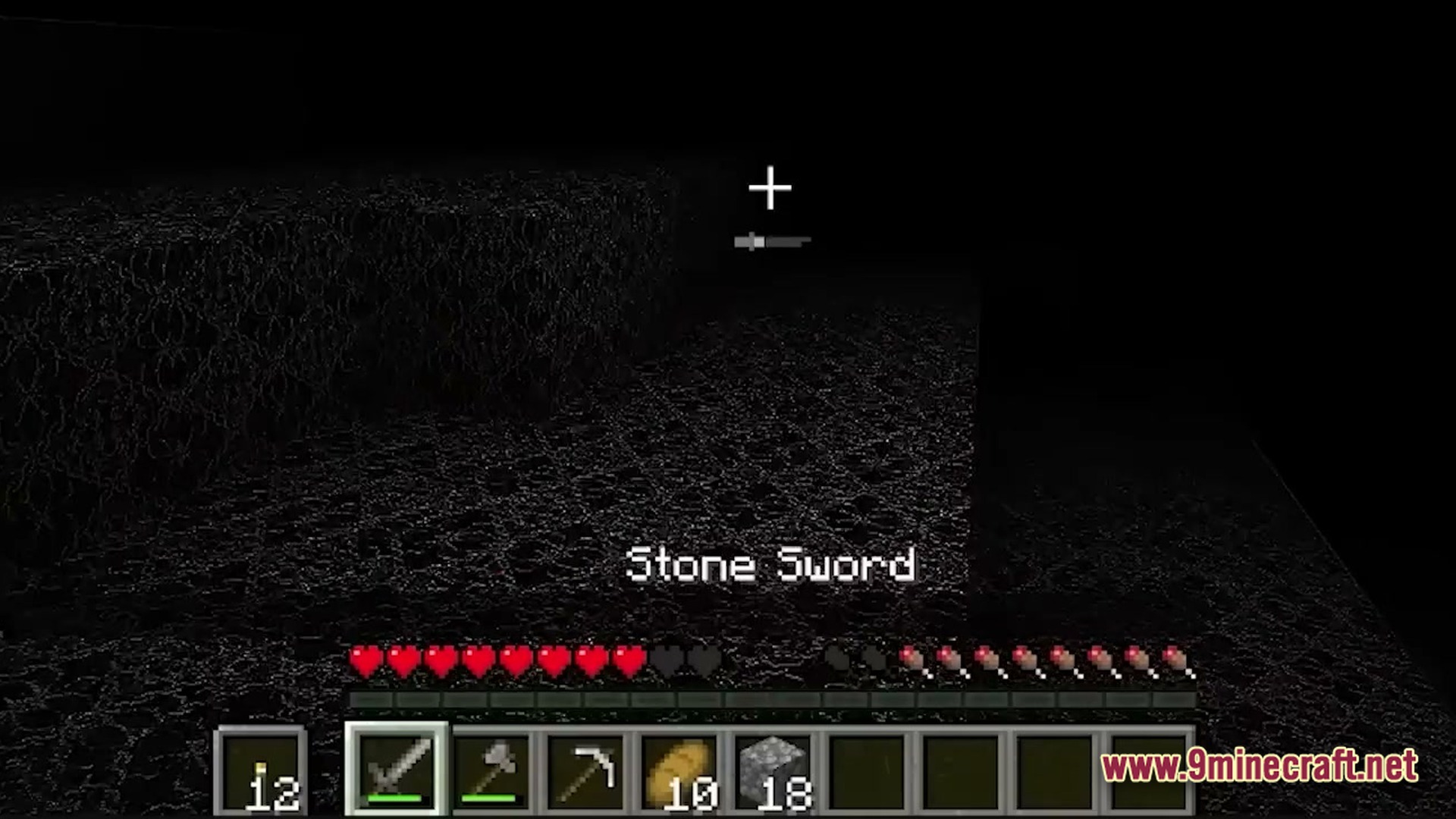 Horror Modpack (1.20.1) – Survive The Monsters Listening 7 A player holds a stone sword while exploring a pitch-black environment with textured dark blocks