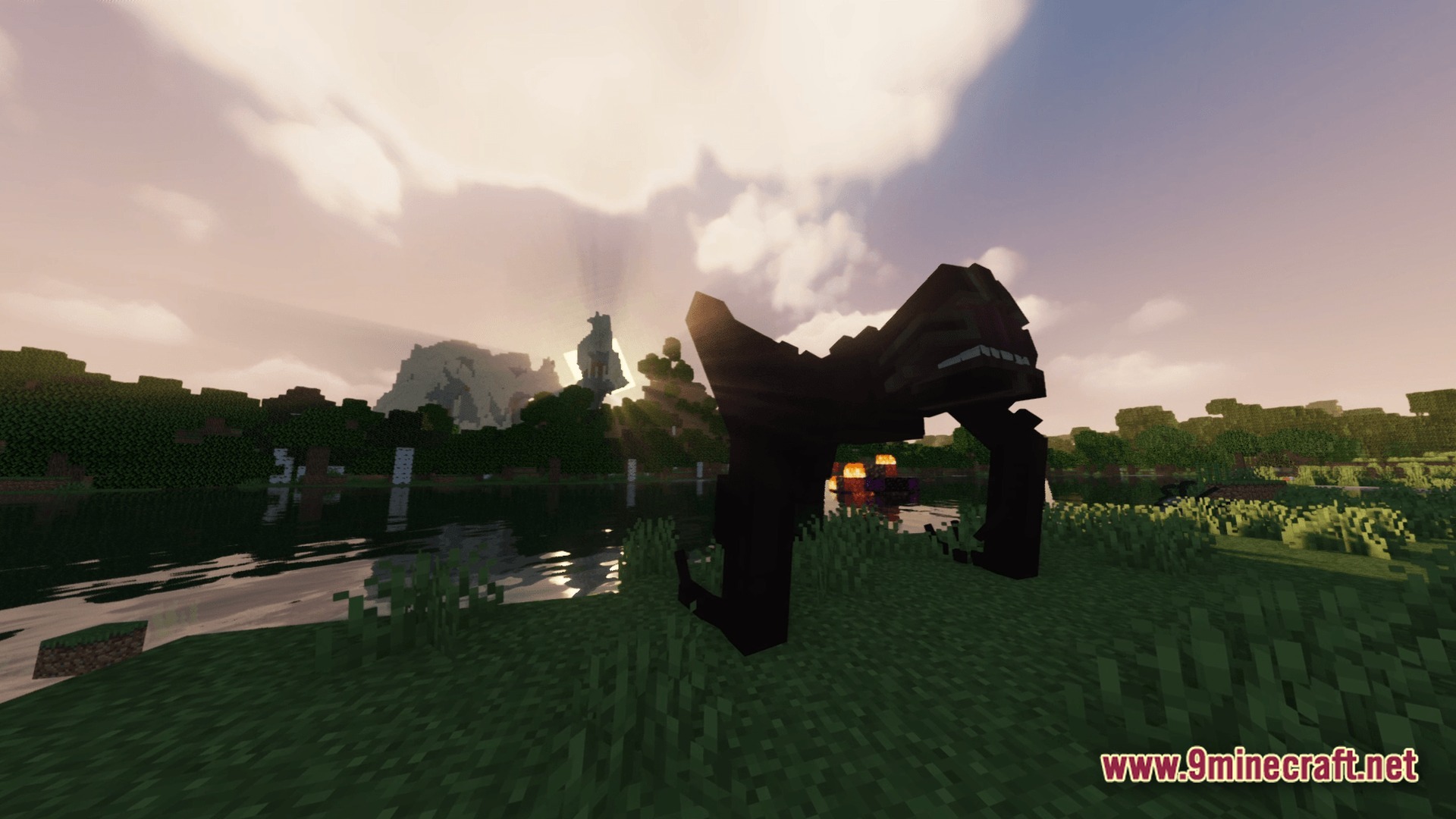 Horror Modpack (1.20.1) – Survive The Monsters Listening 10 A large, dark creature stands on a grassy riverbank under a bright, cloudy sky