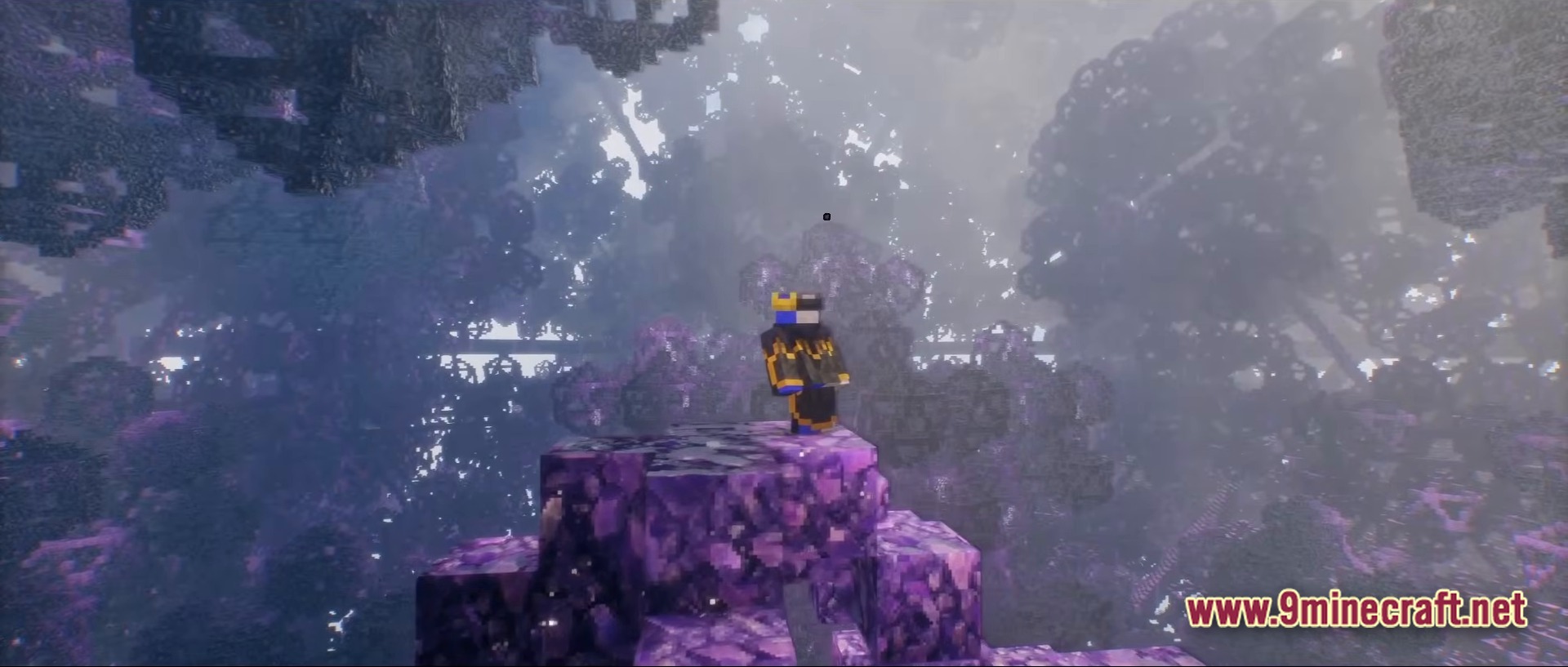 Hypnophobia Map Modpack (1.20.1) – Escape Your Worst Nightmare 2 A player character stands on purple crystalline blocks overlooking a foggy, surreal landscape of floating structures