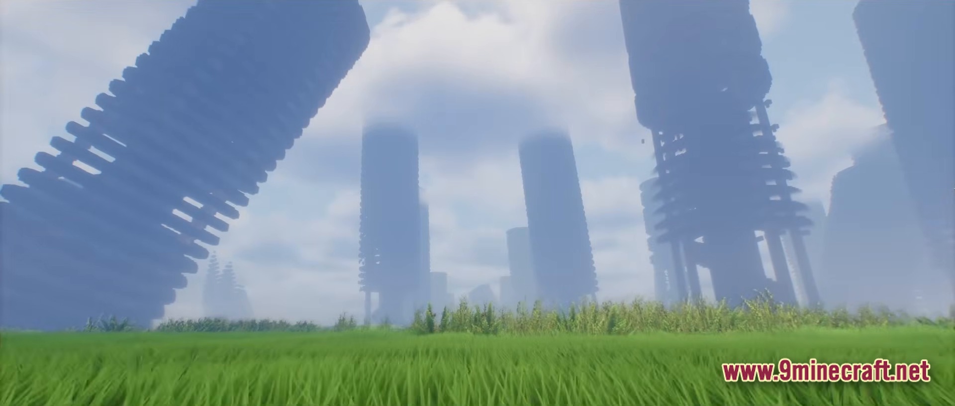 Hypnophobia Map Modpack (1.20.1) – Escape Your Worst Nightmare 3 Massive cylindrical skyscrapers loom over a grassy field under a hazy, clouded sky