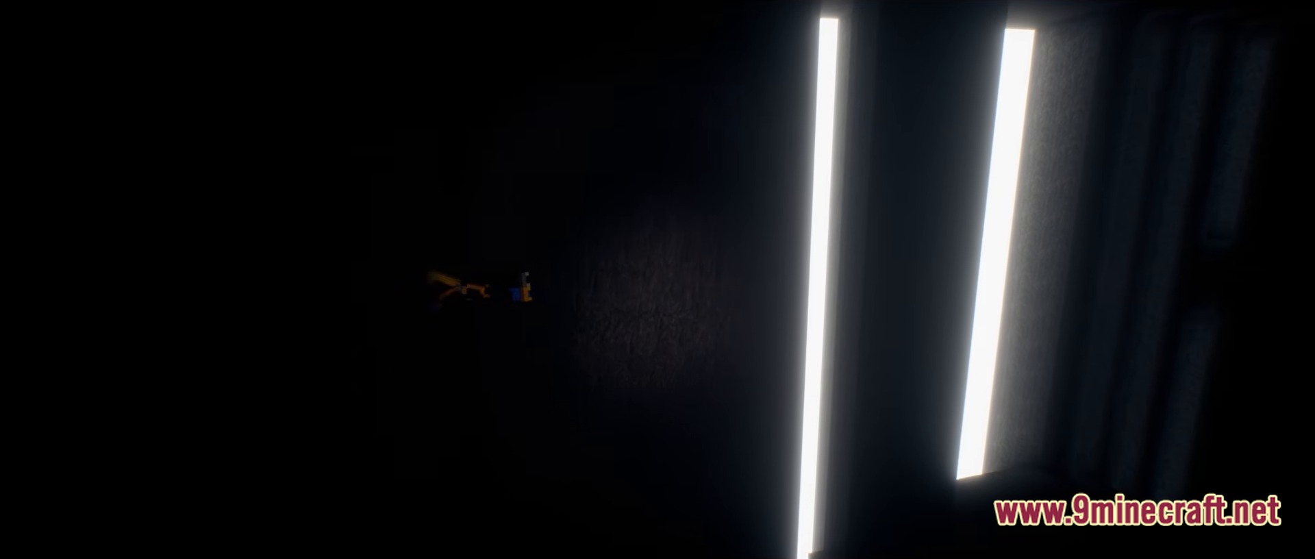 Hypnophobia Map Modpack (1.20.1) – Escape Your Worst Nightmare 7 A first-person view of a dark hallway illuminated by vertical light strips and a distant flashlight