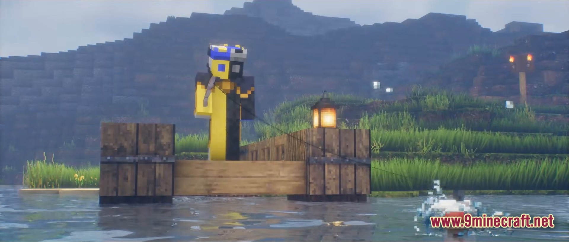 Hypnophobia Map Modpack (1.20.1) – Escape Your Worst Nightmare 8 A player character in a yellow and black skin fishes from a wooden dock at sunset