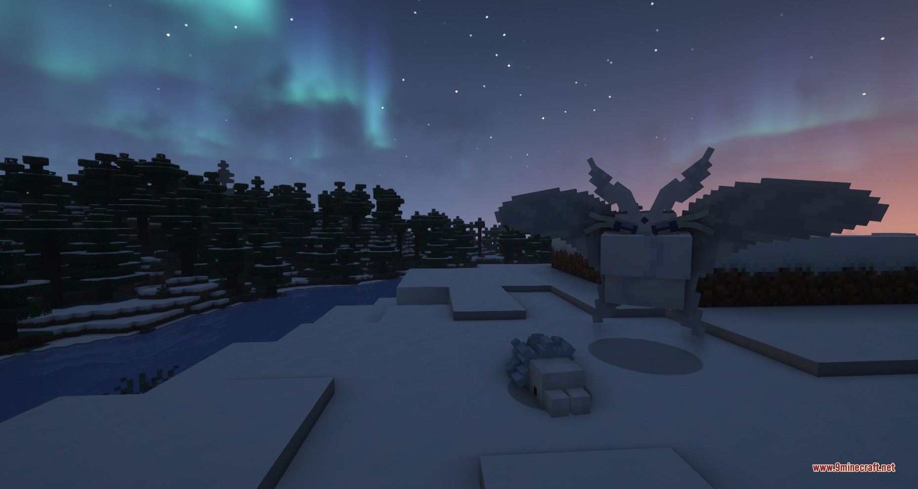 Snom and frosmoth appearing in a snowy landscape under a beautiful aurora