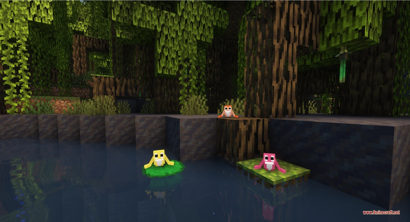 Three small colorful monsters resting on lily pads and logs in a swamp