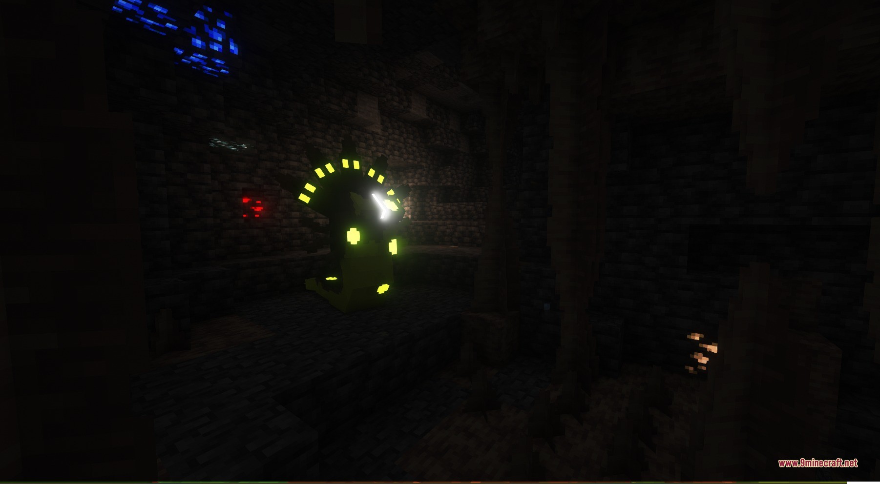 A glowing zygarde standing inside a dark underground stone cavern