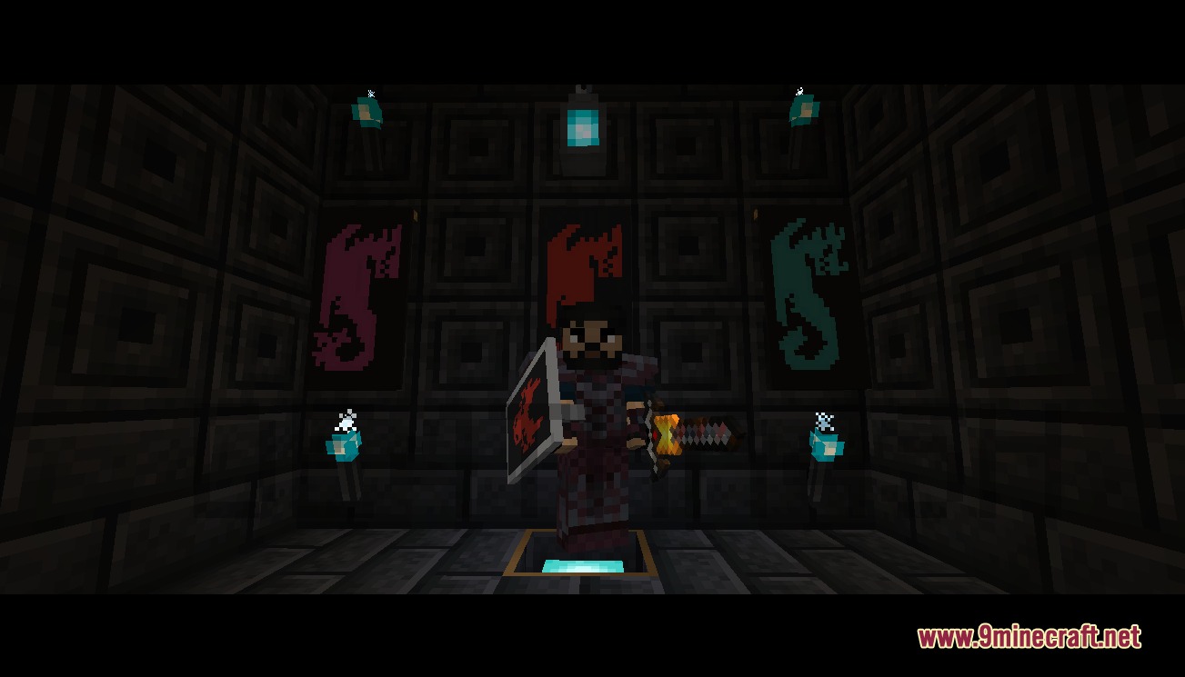 Ice &Amp; Fire Dragonsteel Weaponry Resource Pack (1.20.1) 4 Minecraft player wearing dragonsteel armor standing in a room with dragon banners