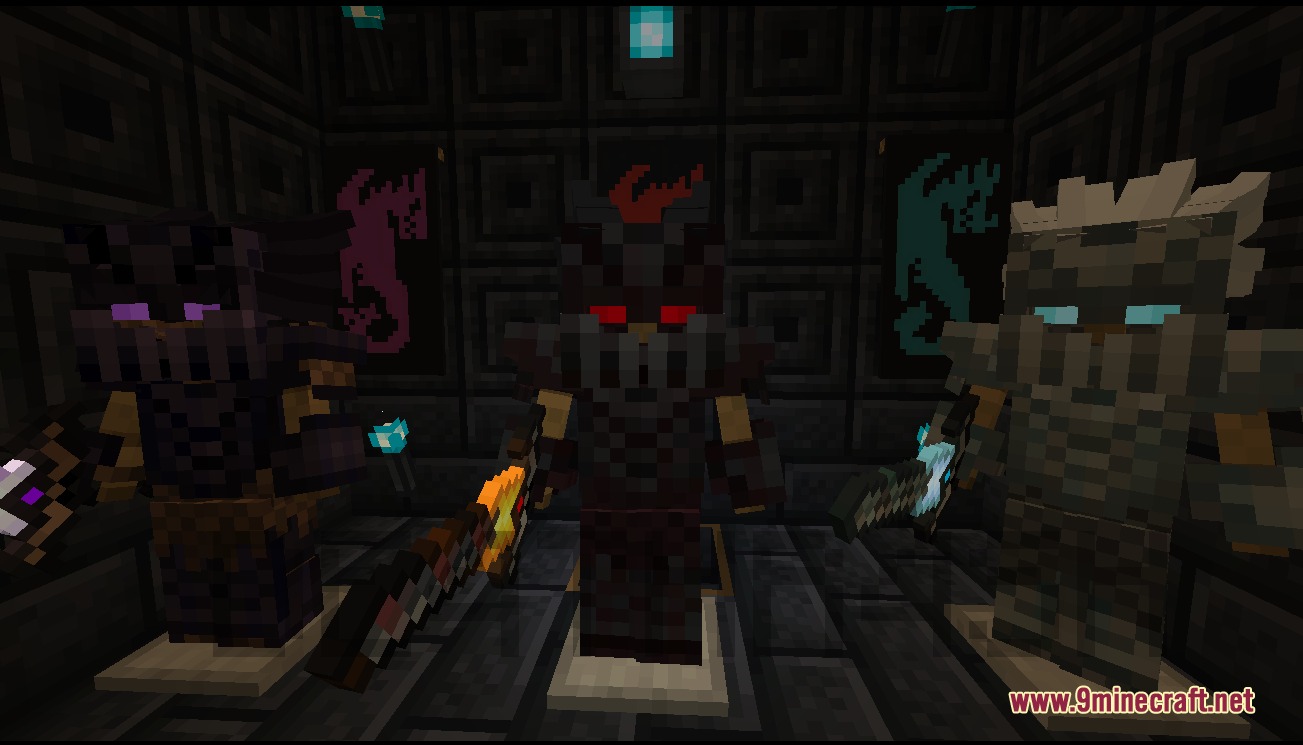 Ice &Amp; Fire Dragonsteel Weaponry Resource Pack (1.20.1) 5 Three armor stands showcasing different dragonsteel armor sets and glowing elemental weapons