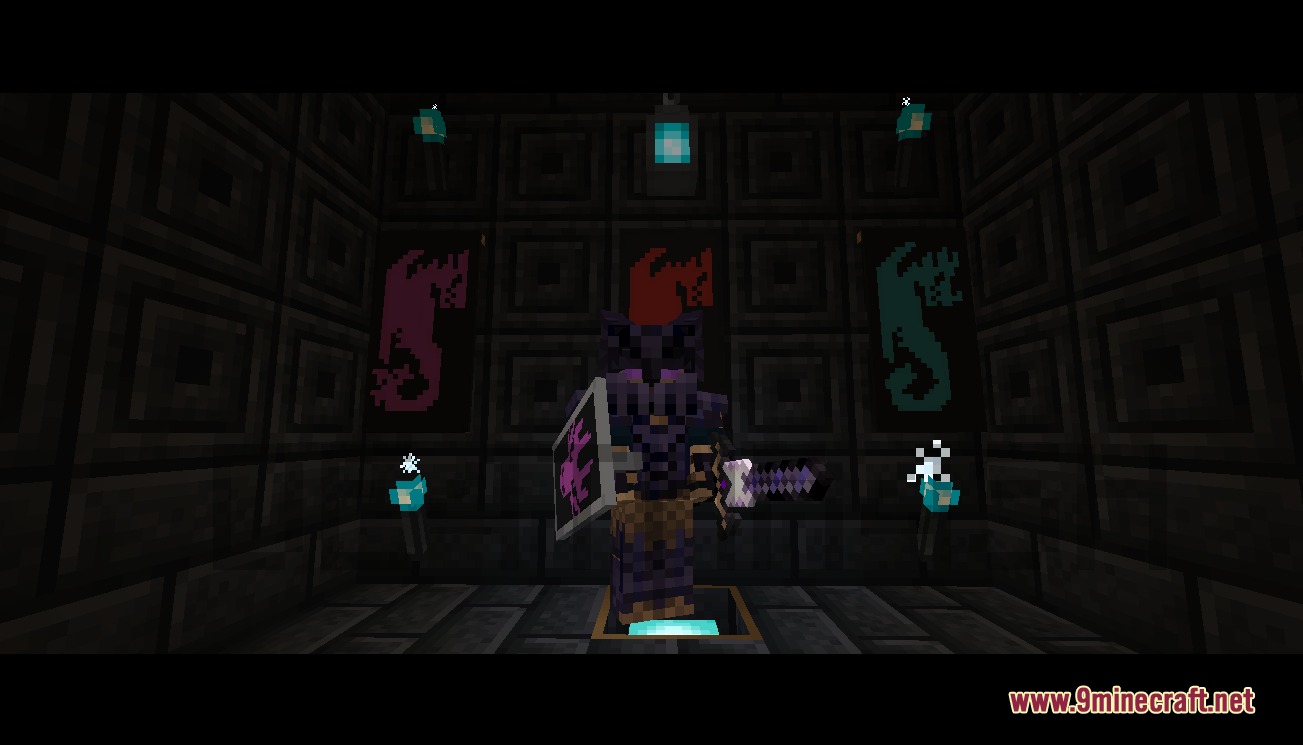 Ice &Amp; Fire Dragonsteel Weaponry Resource Pack (1.20.1) 6 Player wearing dark fire dragonsteel armor and holding a matching shield and sword