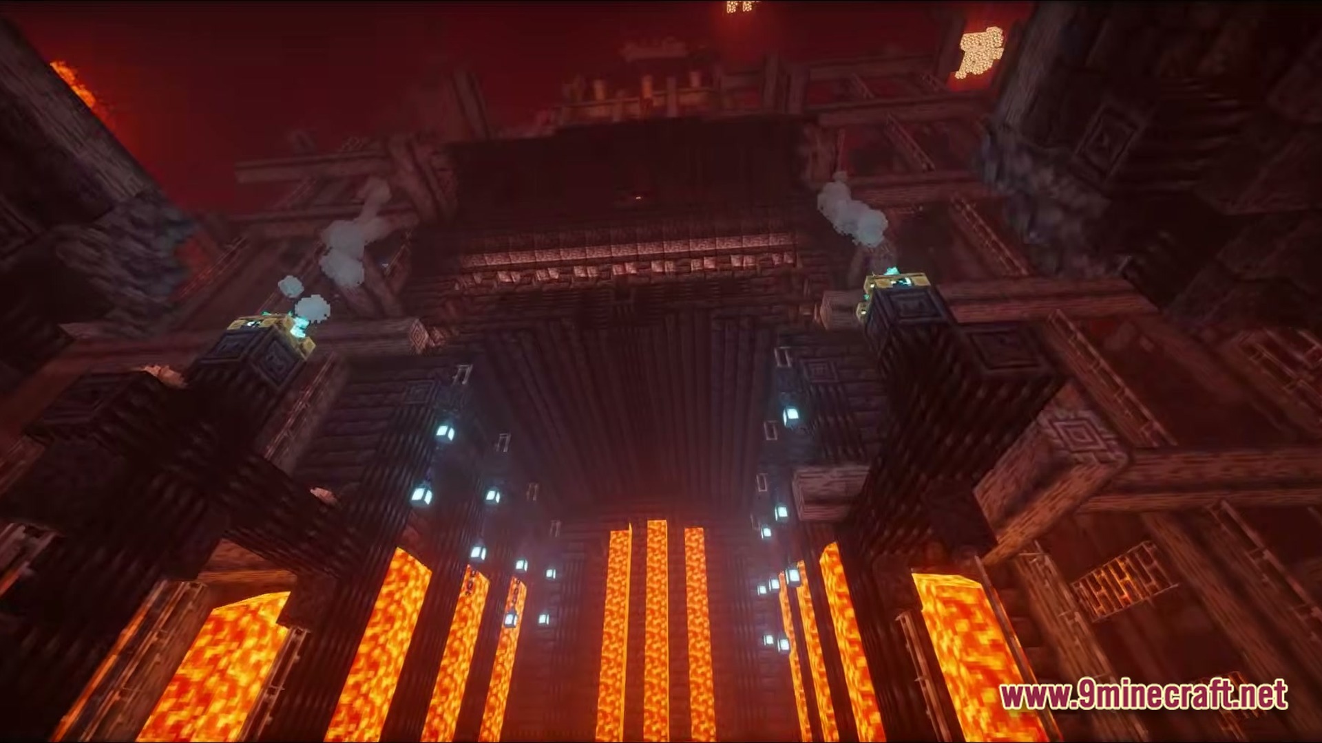 Immersive Experience Modpack (26.1) – Lifelike Visuals And Fresh Audio 7 A massive dark fortress in the nether featuring lava falls, soul lanterns, and smoking chimneys
