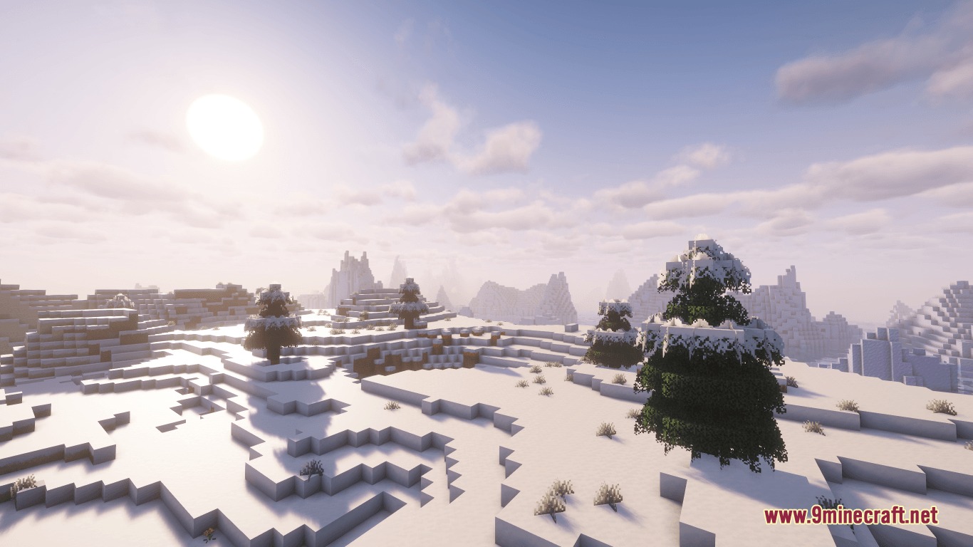 Immersive Snowy Leaves Bushy Leaves Resource Pack (1.21.11, 1.20.1) 3 Spruce trees covered in thick snow layers in a bright winter landscape