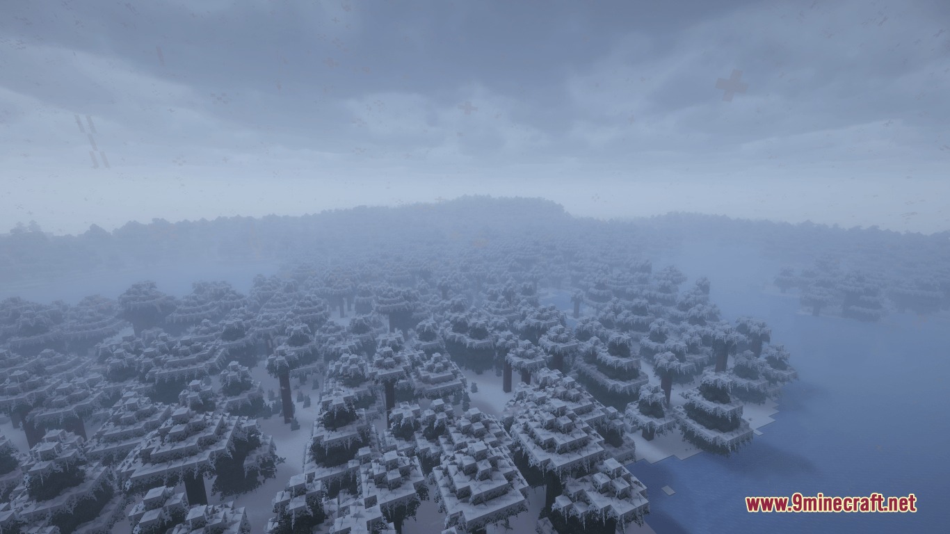 Immersive Snowy Leaves Bushy Leaves Resource Pack (1.21.11, 1.20.1) 4 A dense forest of bushy trees covered in snow under a thick fog