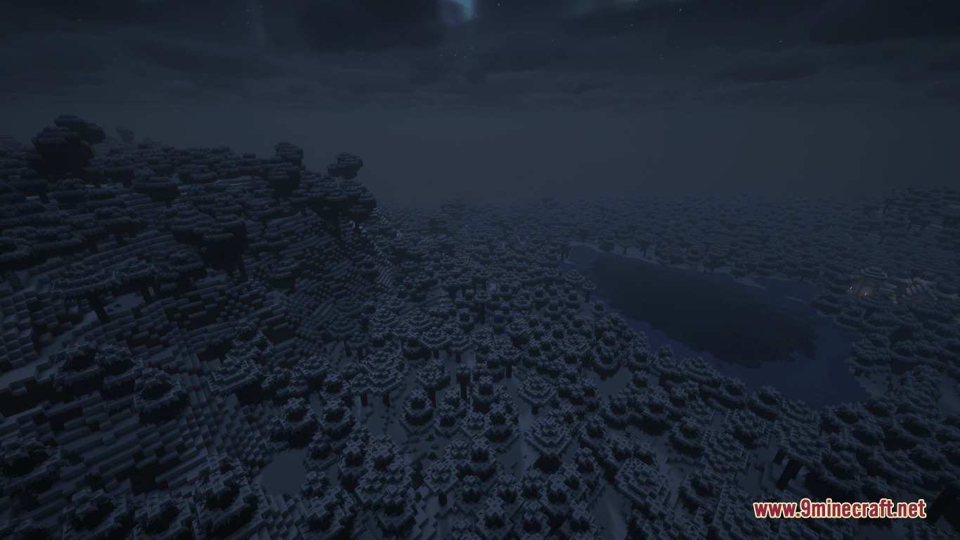 Immersive Snowy Leaves Bushy Leaves Resource Pack (1.21.11, 1.20.1) 6 Snowy bushy leaves covering a vast forest landscape during a dark night