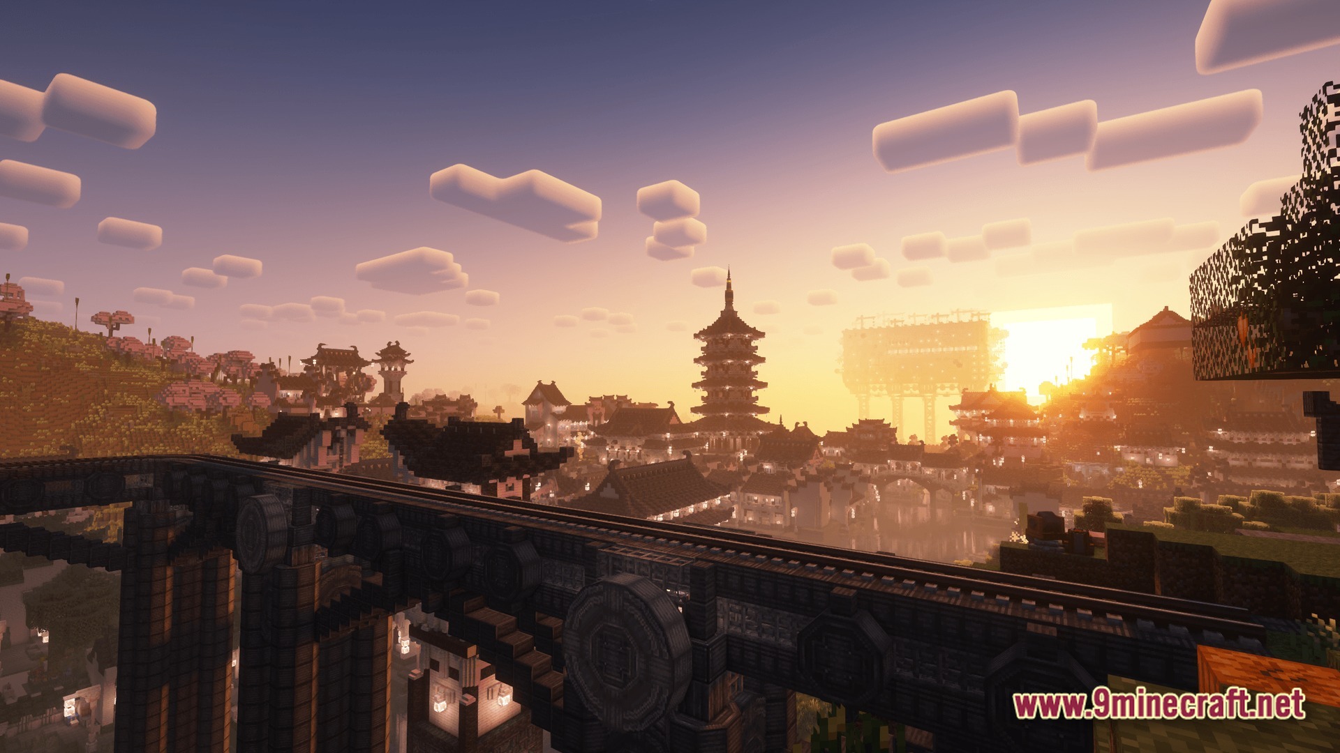 Industrial Banquet Crucible Modpack (1.20.1) – Automate Cooking And Gear Technology 11 A large industrial bridge overlooks a traditional east asian city at sunset in a modded landscape