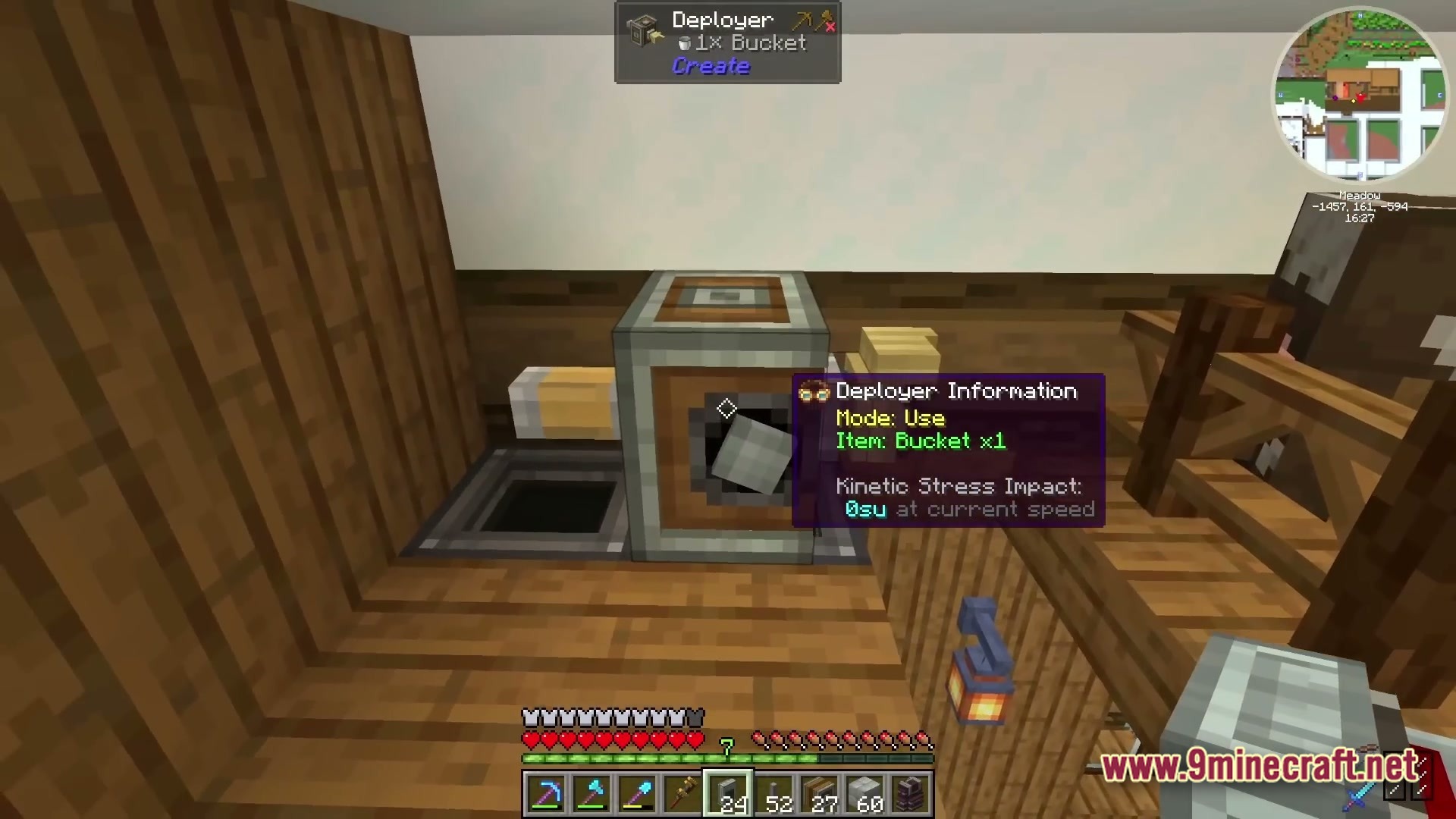 Industrial Banquet Crucible Modpack (1.20.1) – Automate Cooking And Gear Technology 4 A deployer from the create mod holding a bucket inside a wooden structure