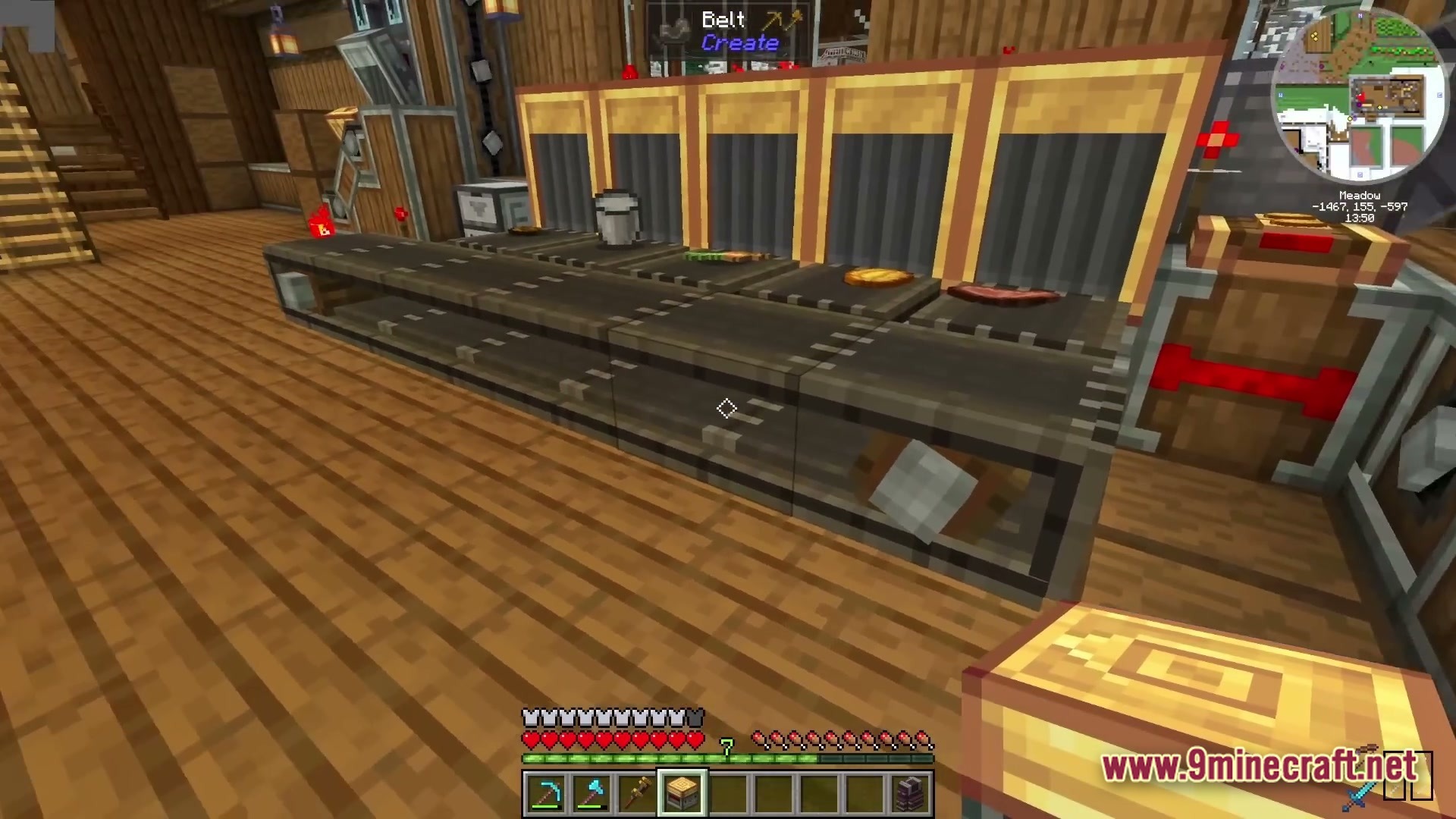 Industrial Banquet Crucible Modpack (1.20.1) – Automate Cooking And Gear Technology 5 A series of mechanical conveyor belts from the create mod transporting various food items and ingredients