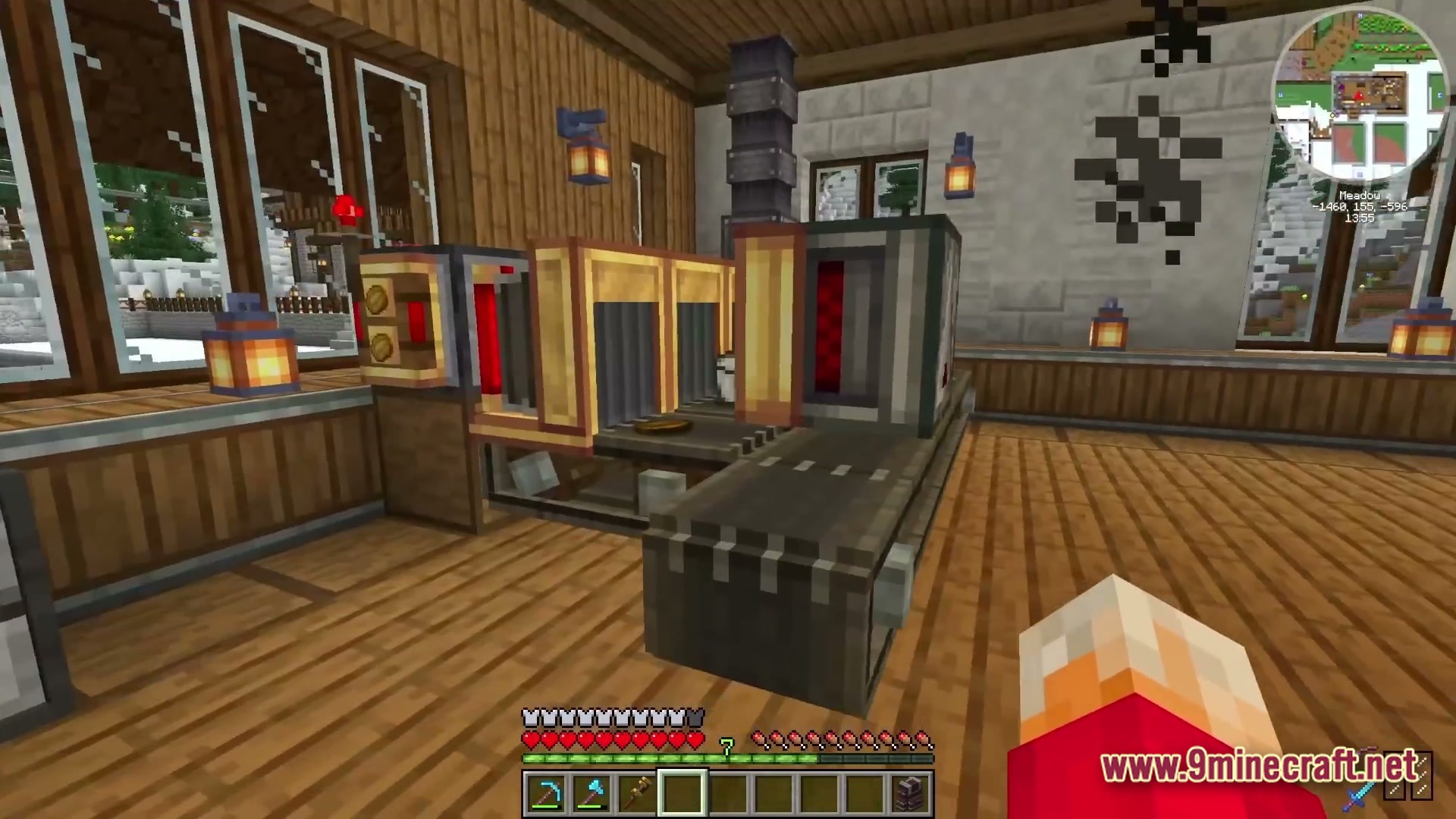 Industrial Banquet Crucible Modpack (1.20.1) – Automate Cooking And Gear Technology 6 An automated food processing line with conveyor belts inside a wooden and stone building