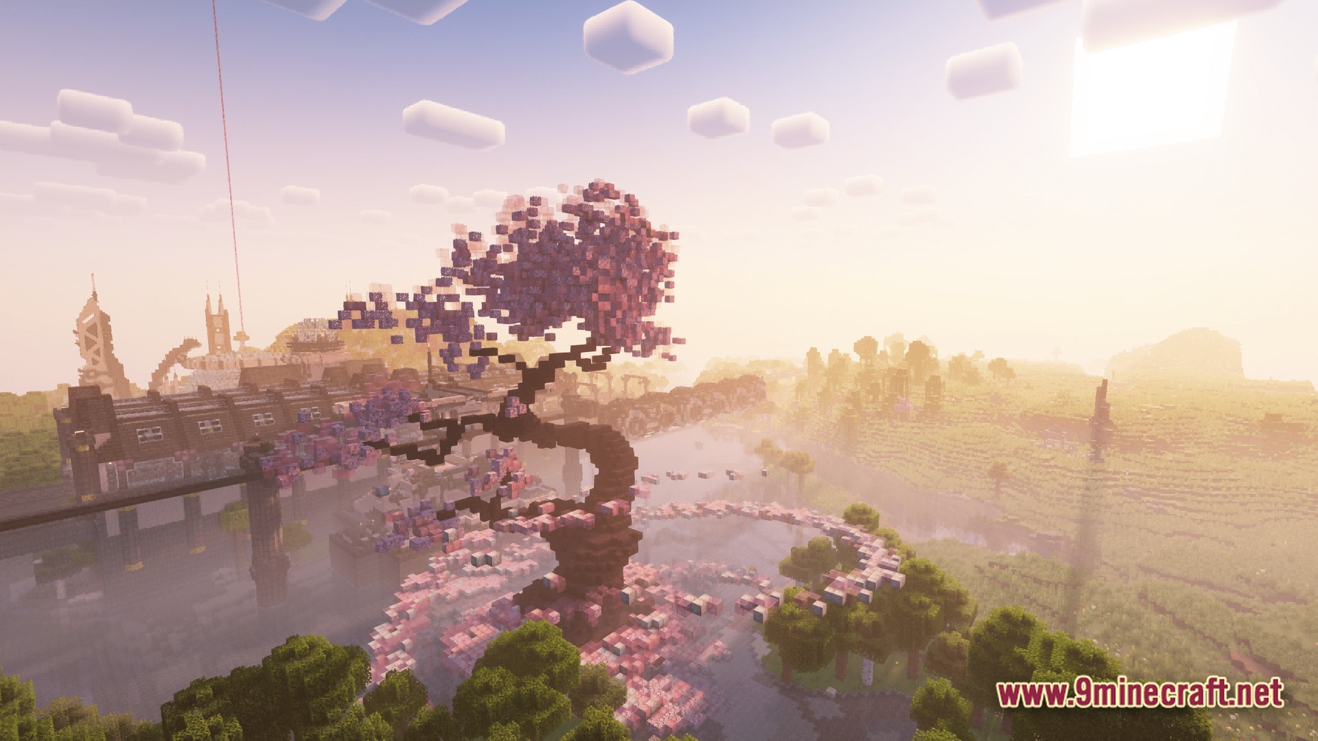 Industrial Banquet Crucible Modpack (1.20.1) – Automate Cooking And Gear Technology 8 A large custom cherry blossom tree stands near industrial structures and a bridge at sunrise