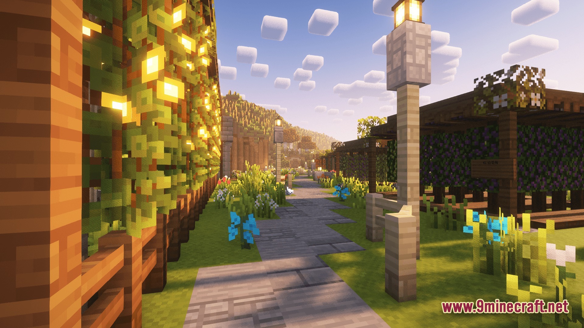 Industrial Banquet Crucible Modpack (1.20.1) – Automate Cooking And Gear Technology 9 A stone path winds through a garden featuring glowing vine trellises and wooden lamp posts
