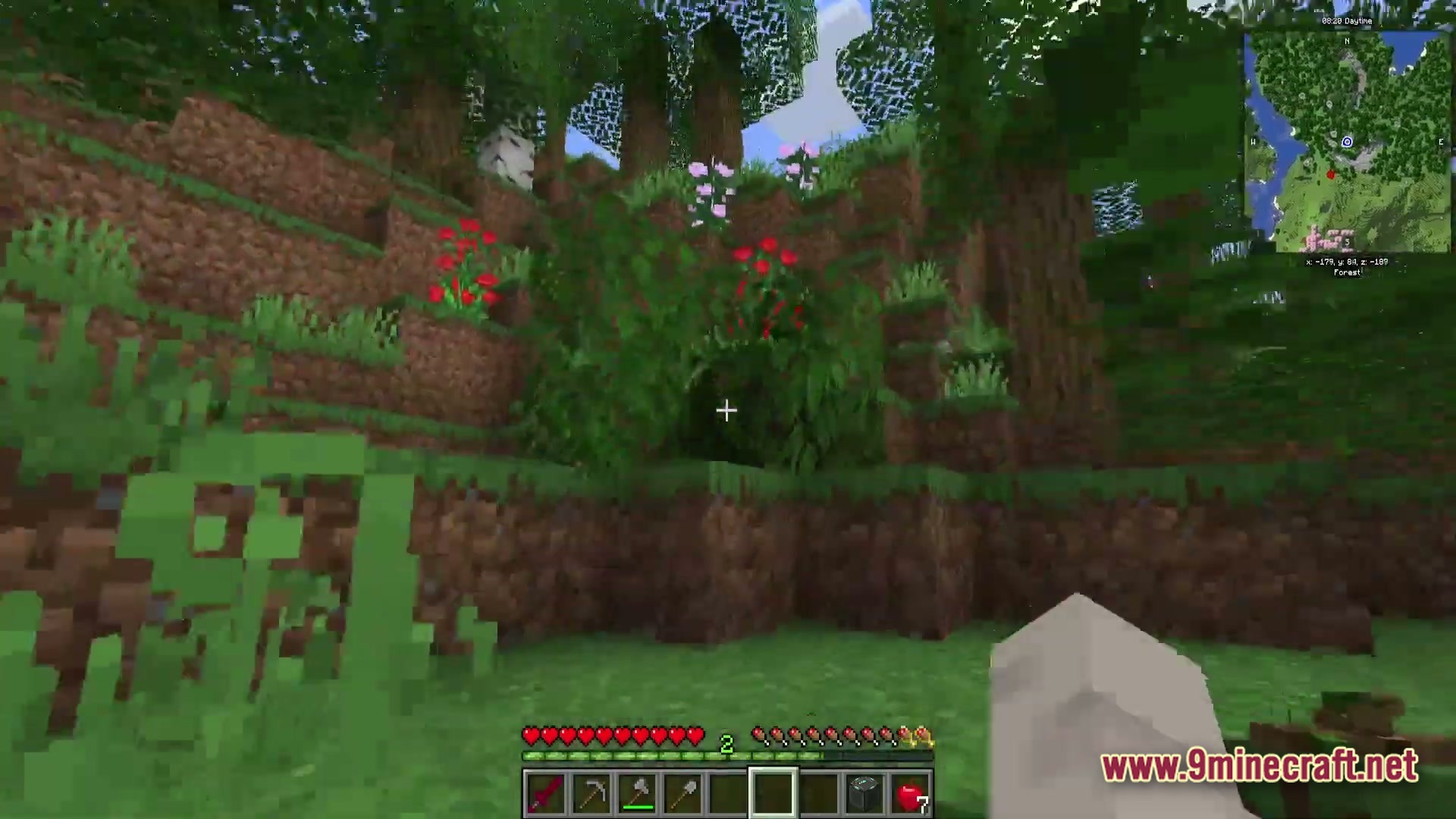 A player exploring a forest biome with a minimap and inventory visible