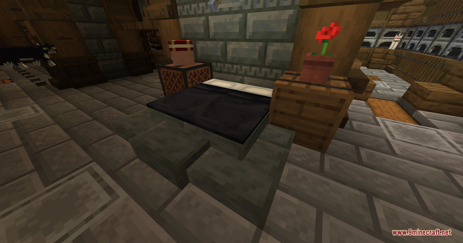 Inherent Statues Mod (26.2, 1.21.11) – Decorate Survival Bases With Custom 3D 7 Cozy bedroom interior decorated with custom furniture and a red flower pot