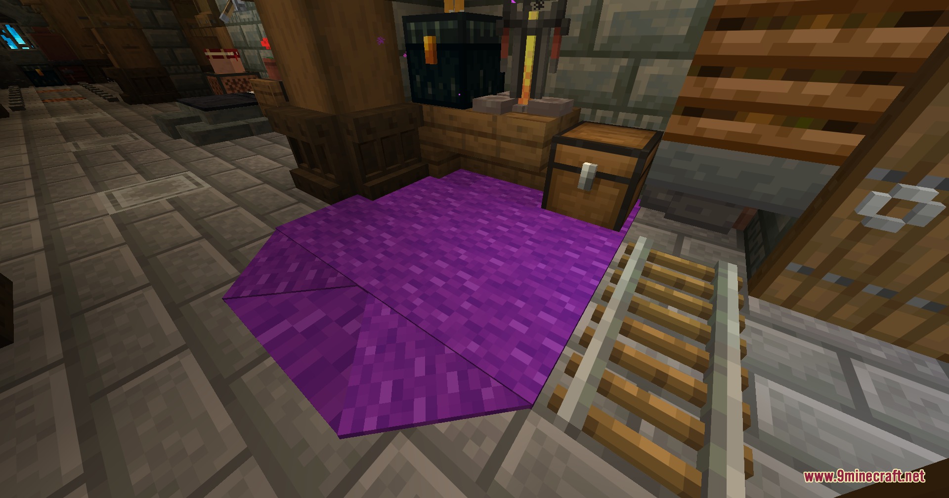 Inherent Statues Mod (26.2, 1.21.11) – Decorate Survival Bases With Custom 3D 8 Purple carpet display placed at an angle on a stone brick floor