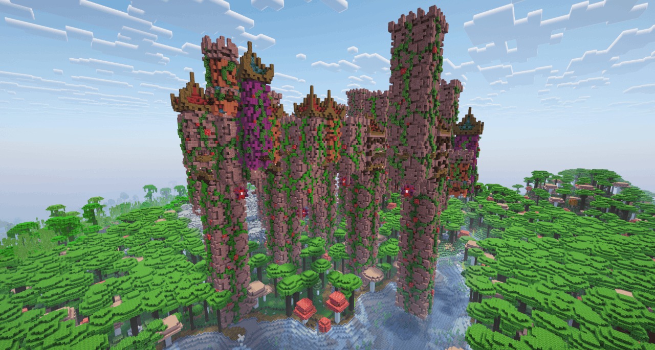 Integrated Dungeons Arise Data Pack (1.21.1, 1.20.1) – Conquer Massive 2 A tall pink fortress with many towers covered in green vines