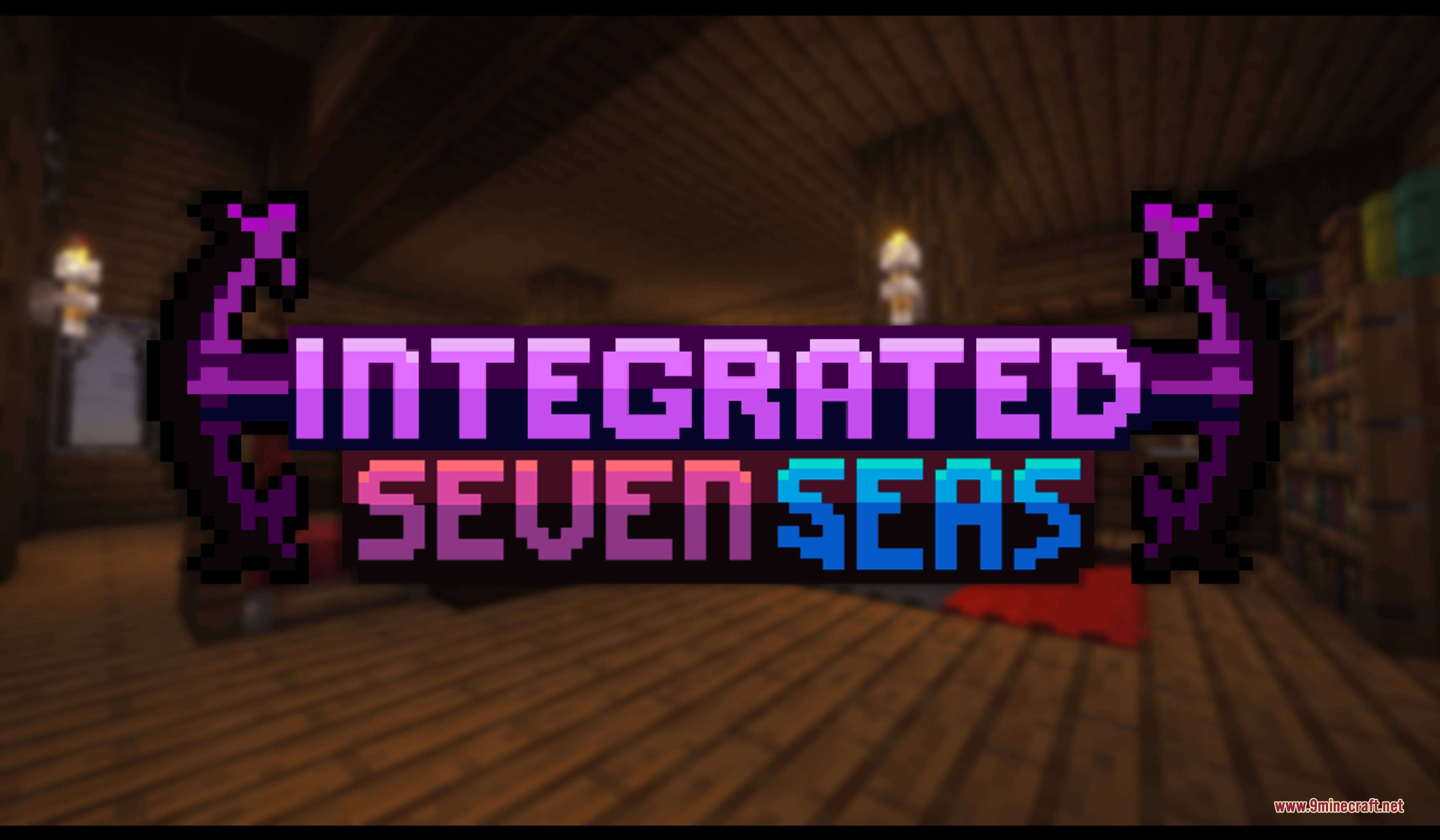 Integrated Seven Seas Data Pack (1.21.1, 1.20.1) – Battle Hostile Pirate Ships 2 Integrated seven seas title logo displayed over a blurred minecraft interior scene