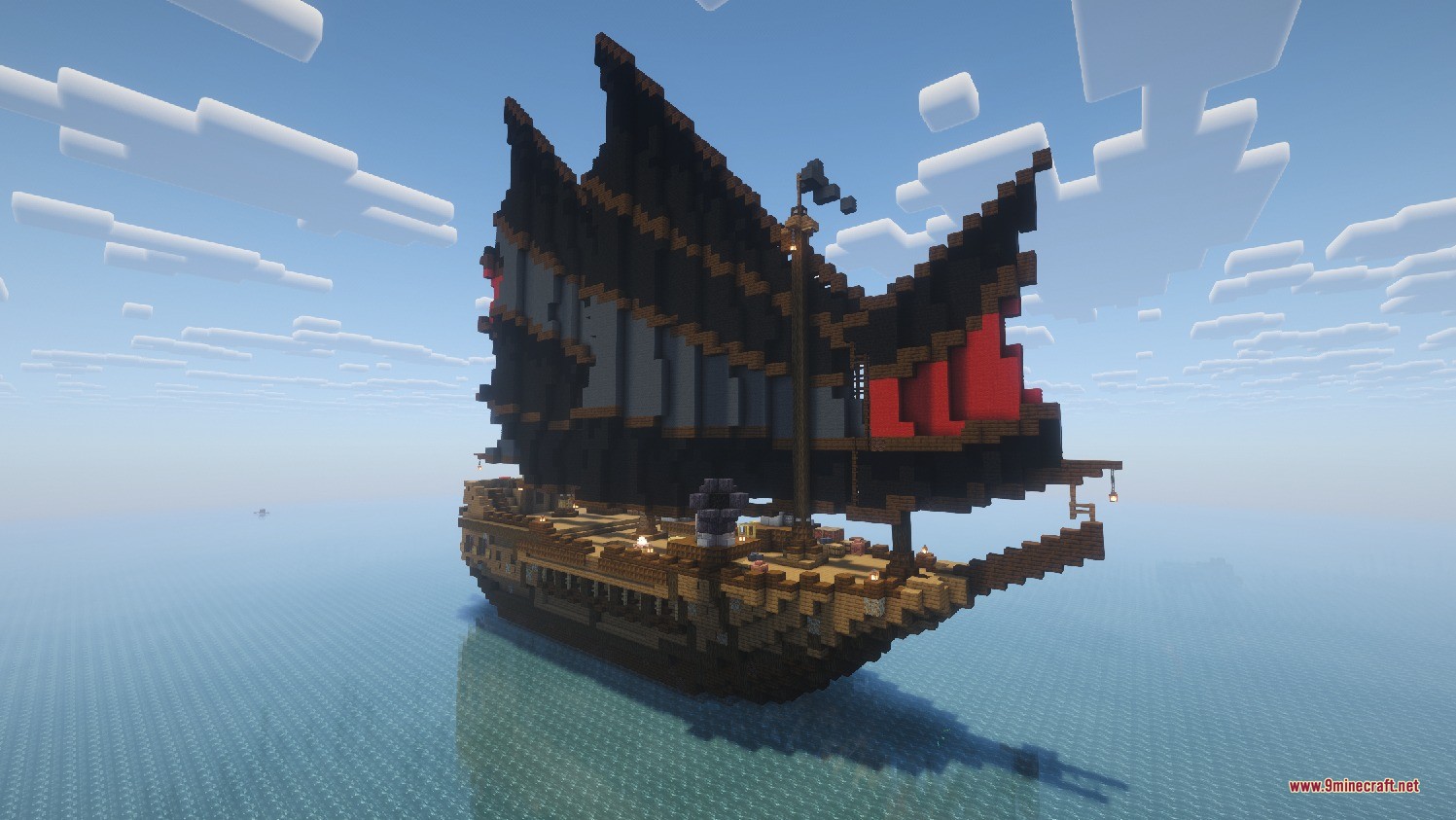 Integrated Seven Seas Data Pack (1.21.1, 1.20.1) – Battle Hostile Pirate Ships 3 Large wooden pirate ship with black sails floating on the open ocean