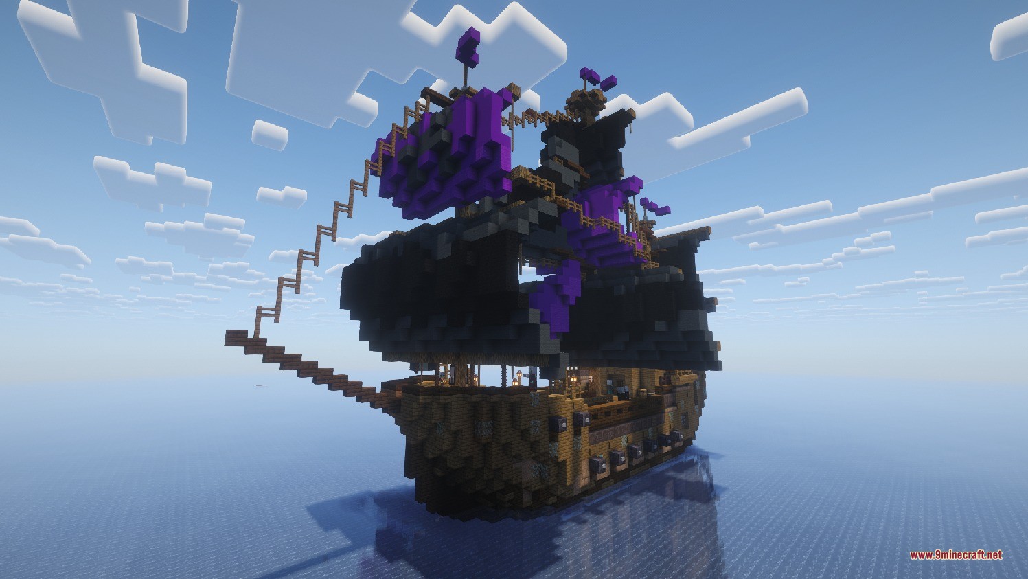 Integrated Seven Seas Data Pack (1.21.1, 1.20.1) – Battle Hostile Pirate Ships 4 A massive pirate ship with black and purple sails on the open ocean