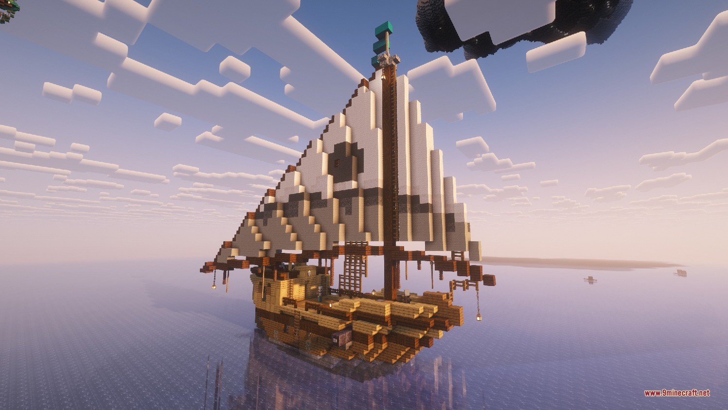 Integrated Seven Seas Data Pack (1.21.1, 1.20.1) – Battle Hostile Pirate Ships 5 A small wooden ship with white sails floating on a calm sea