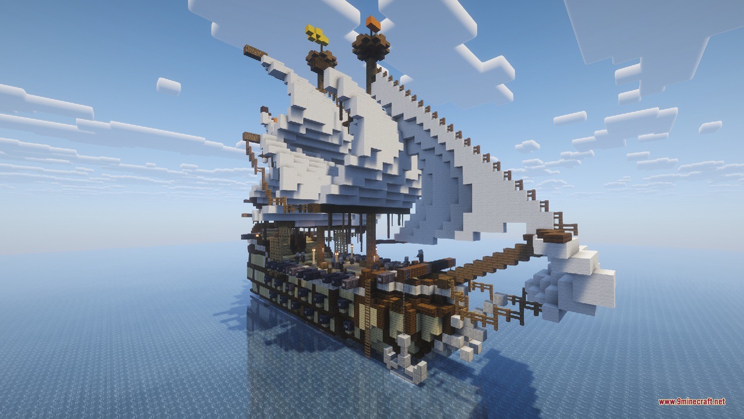 Integrated Seven Seas Data Pack (1.21.1, 1.20.1) – Battle Hostile Pirate Ships 6 A massive wooden sailing ship with white sails floating on the deep ocean