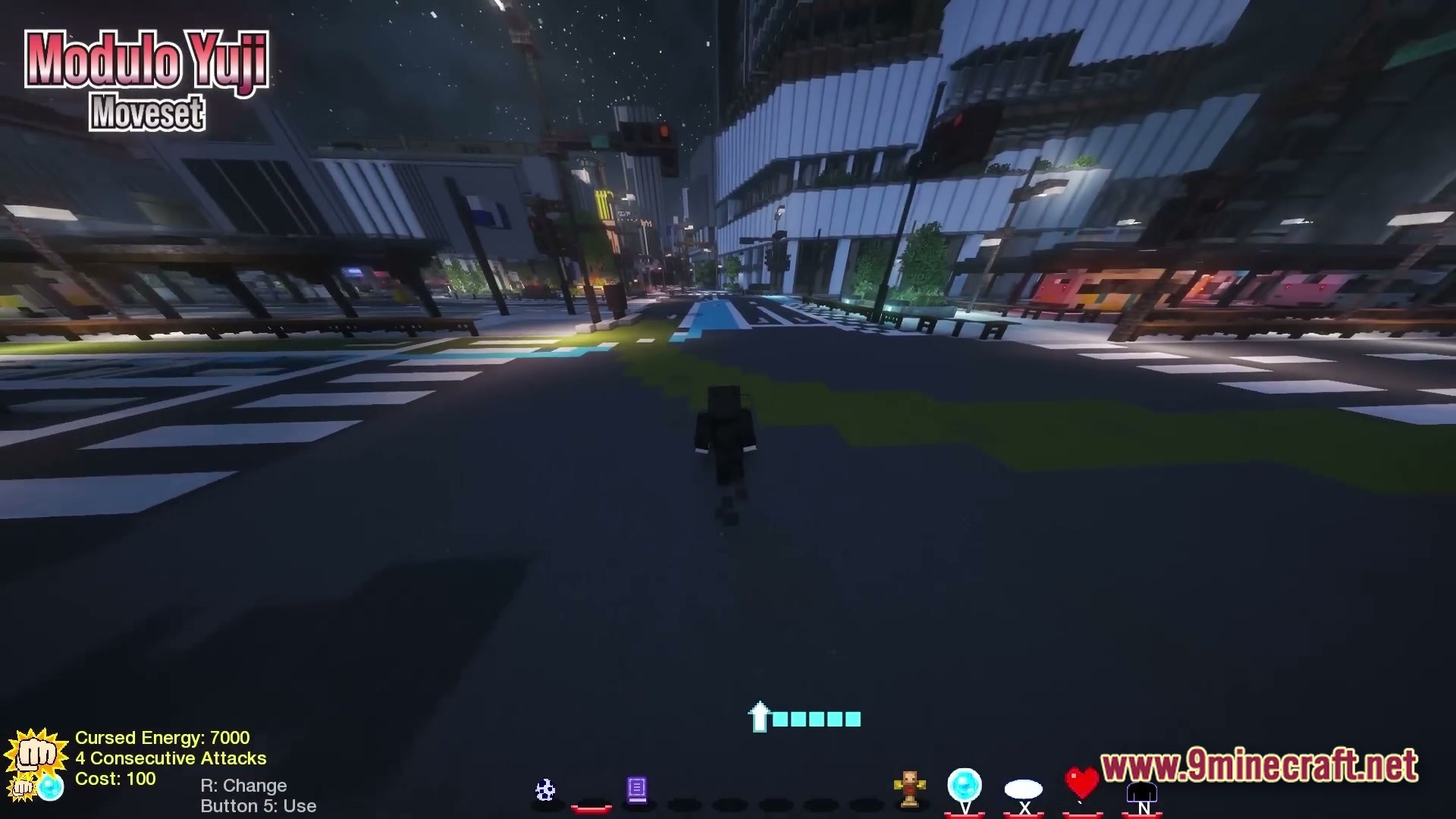 A player character stands in a modern city street at night with custom jujutsu kaisen hud elements