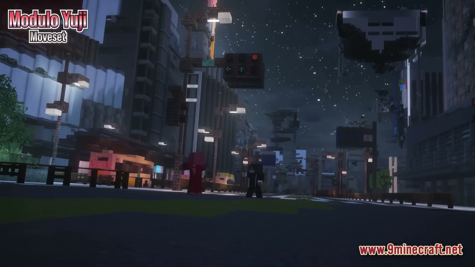 Two minecraft characters stand on a city street at night surrounded by skyscrapers and streetlights