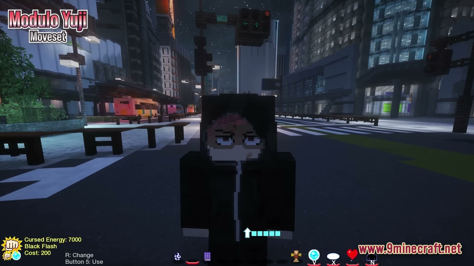A player character stands in a modern city street at night featuring custom jujutsu kaisen abilities