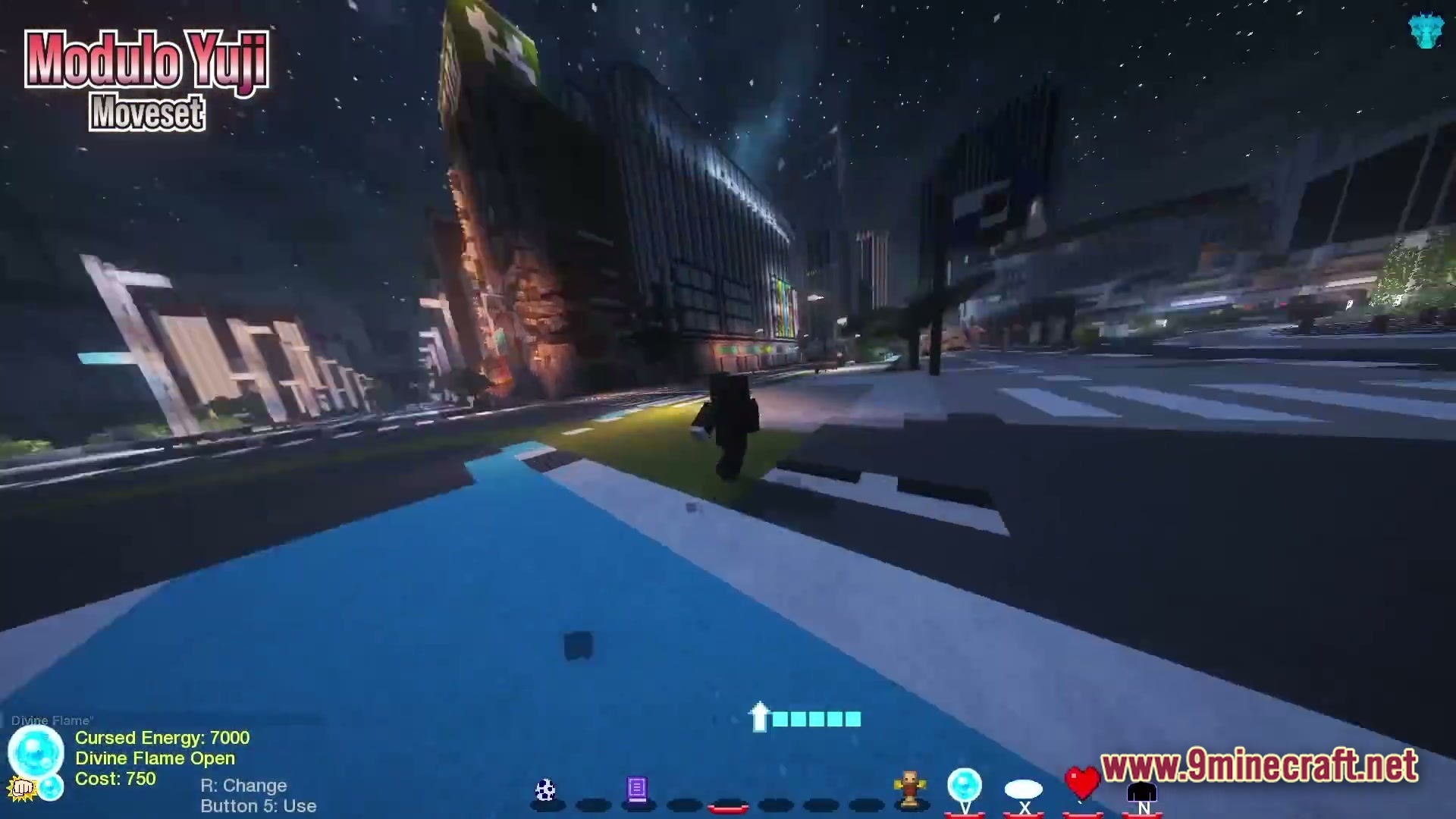 A player character runs through a modern city at night with a custom ability user interface