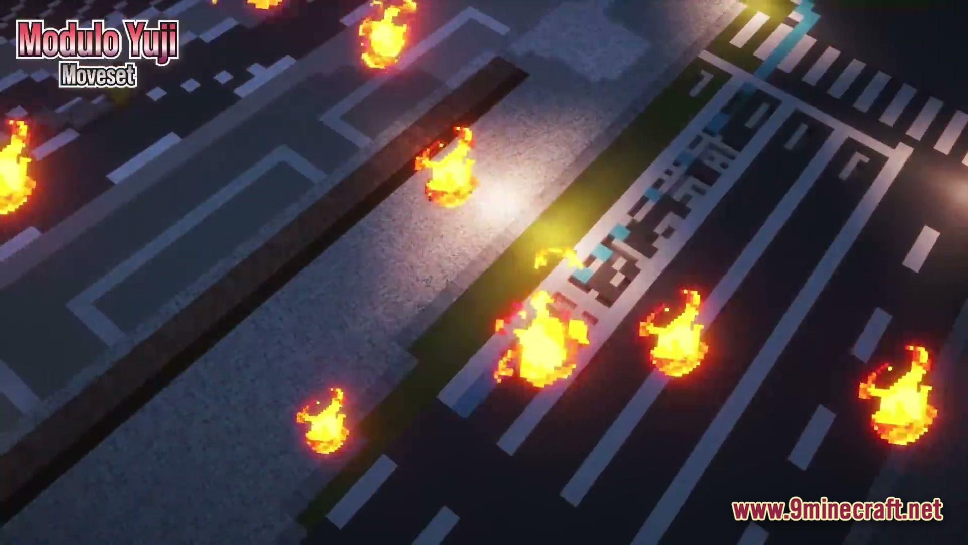 Multiple fire effects burning on a city street with crosswalks in a minecraft world