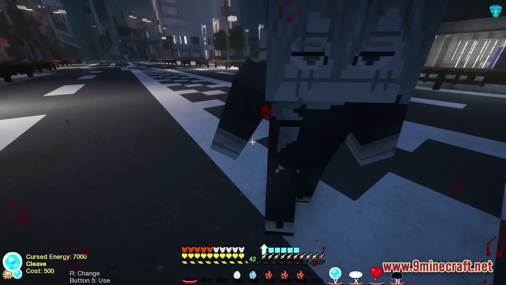 A player character stands on a city street with custom jujutsu kaisen themed hud elements