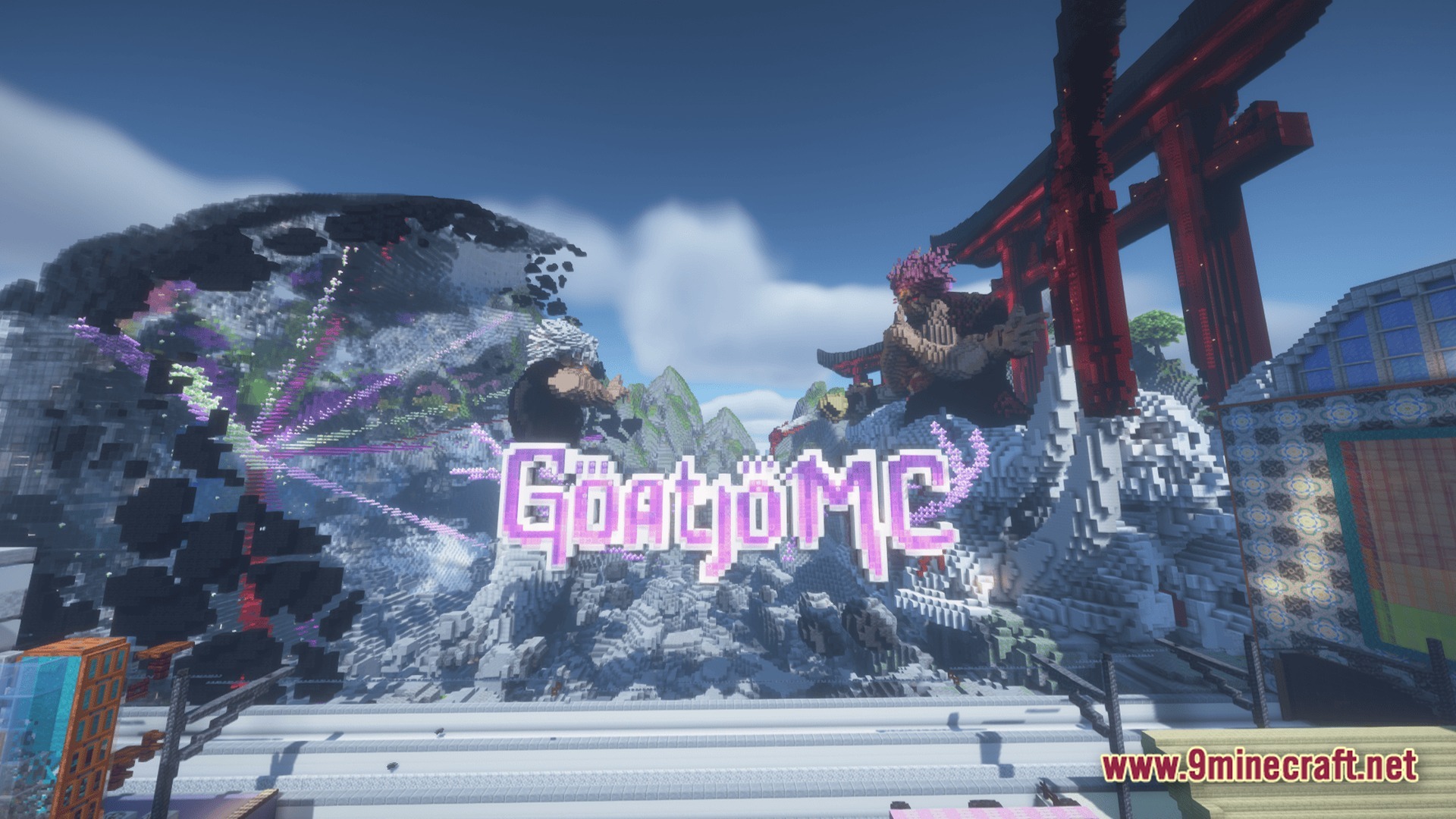 A large custom-built server spawn featuring massive character statues and a red torii gate structure