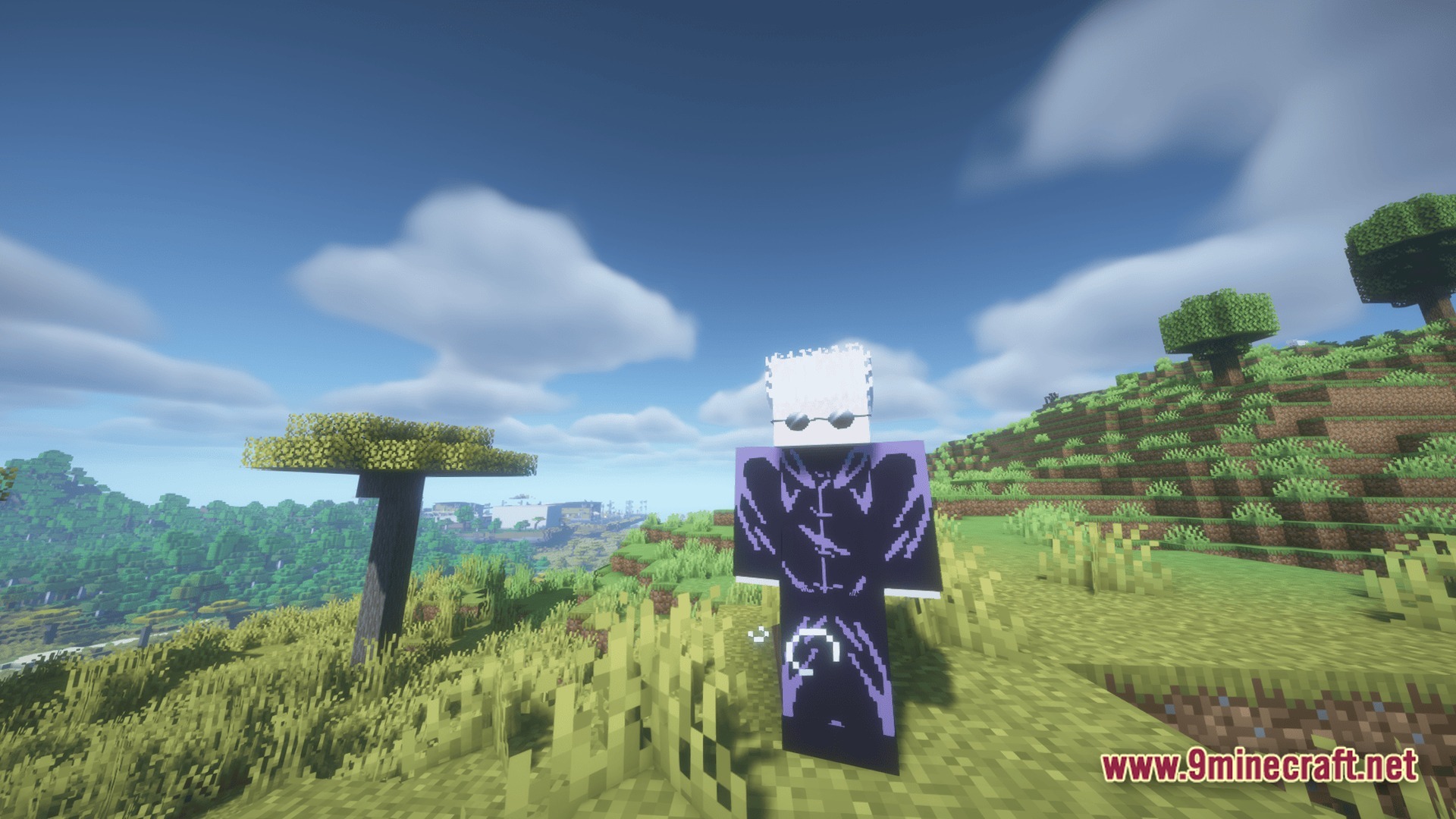 A minecraft player character wearing a satoru gojo skin stands in a grassy plains biome