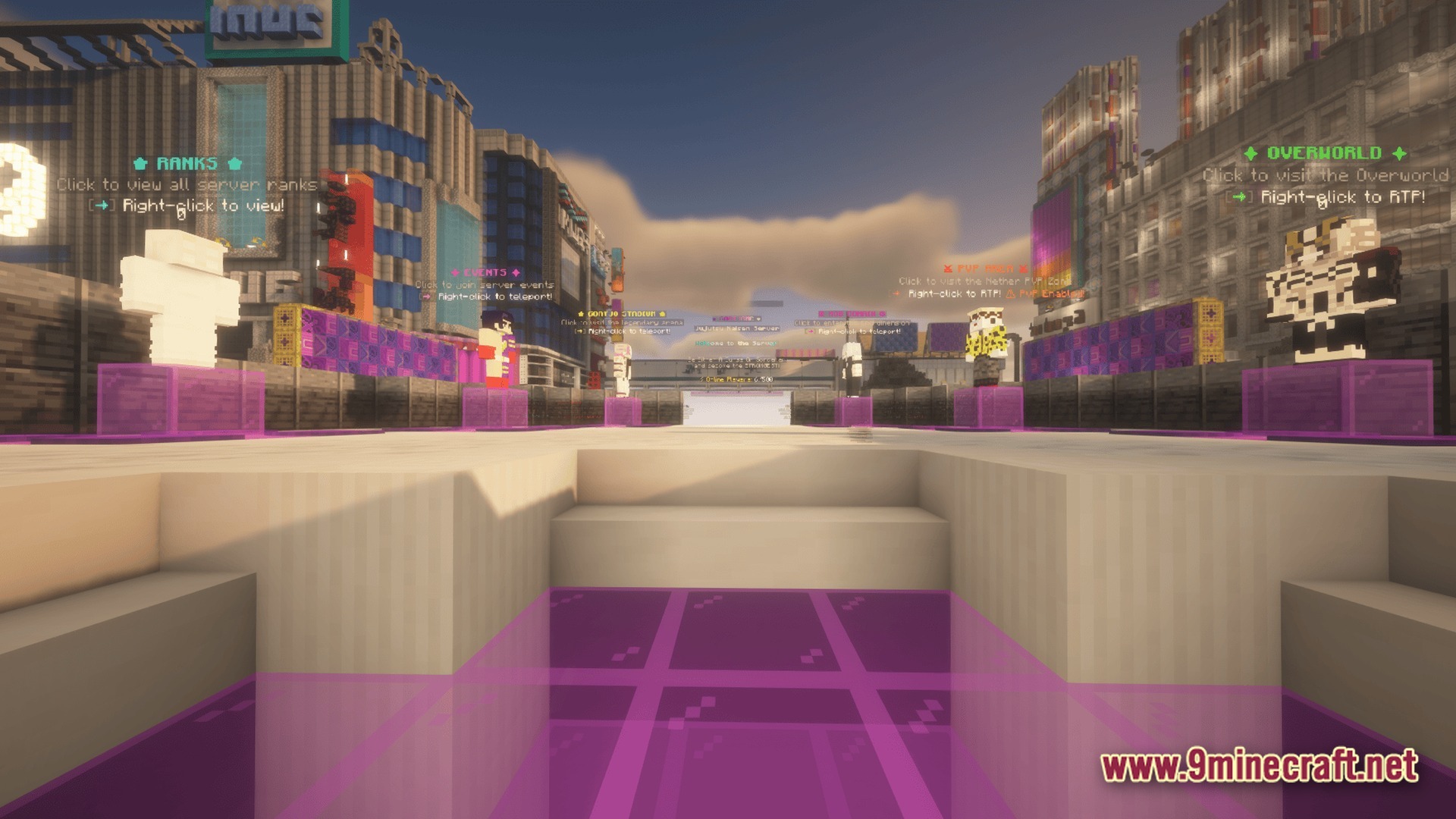 A central server hub featuring interactive npcs, teleportation points, and a modern city skyline