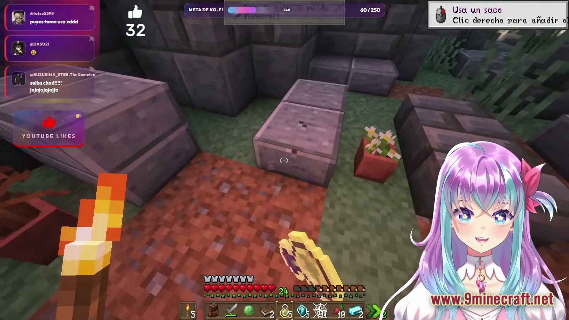 A player explores a stone structure while holding a torch and a golden item during a livestream
