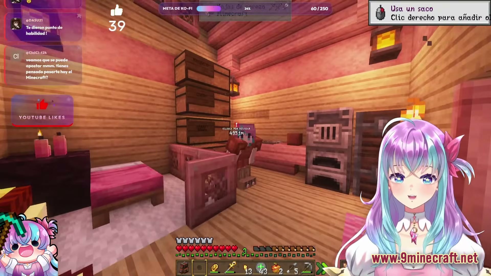 A pink-themed interior featuring a bed, stacked storage chests, and a stone furnace during a livestream