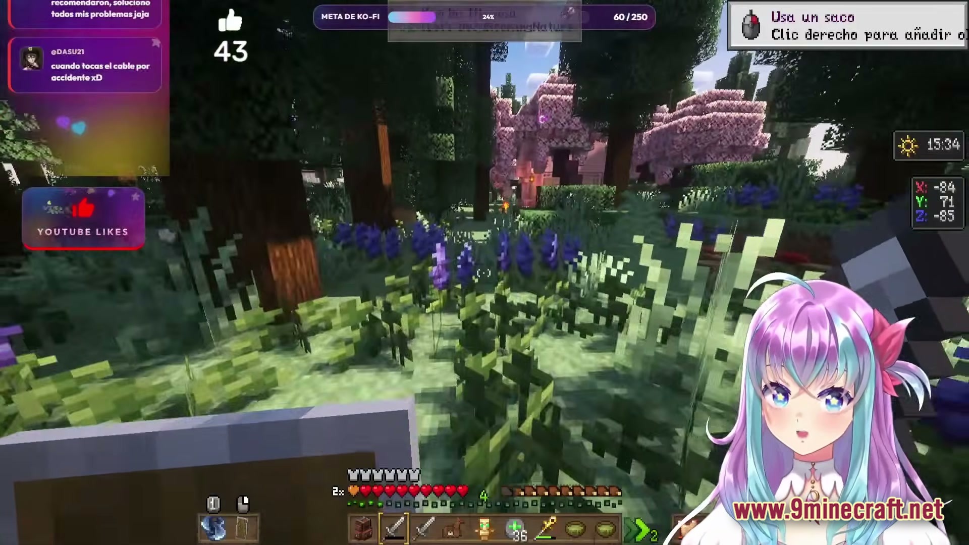 A player explores a lush forest biome featuring cherry blossom trees and various purple flowers