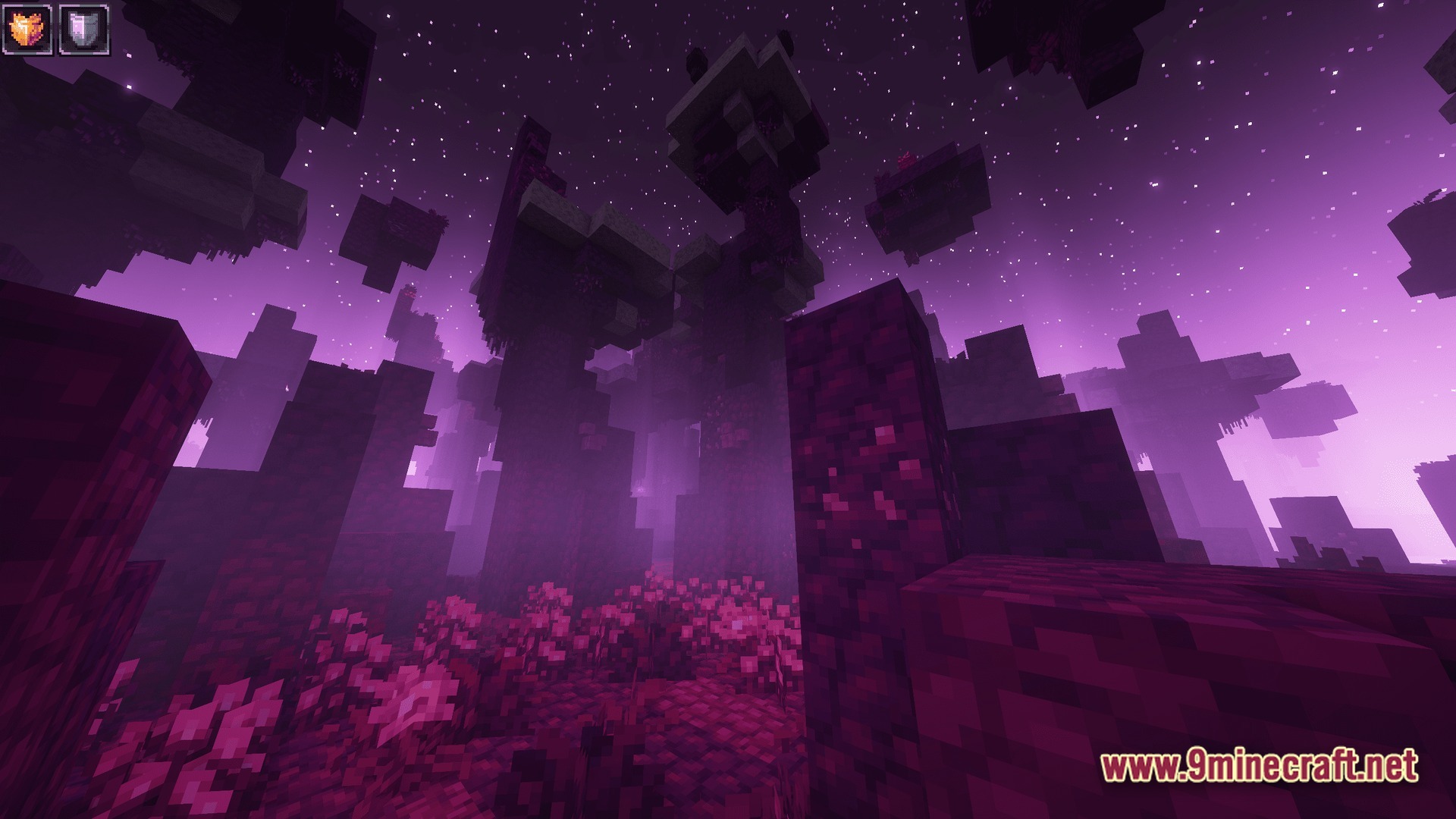 A purple-hued forest biome featuring tall alien trees and floating islands under a starry night sky