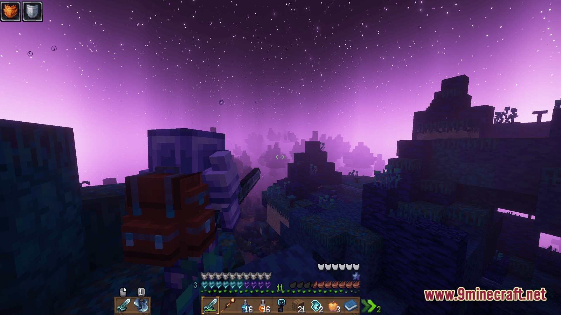 A player character with a backpack overlooks a purple-tinted alien landscape under a starry sky