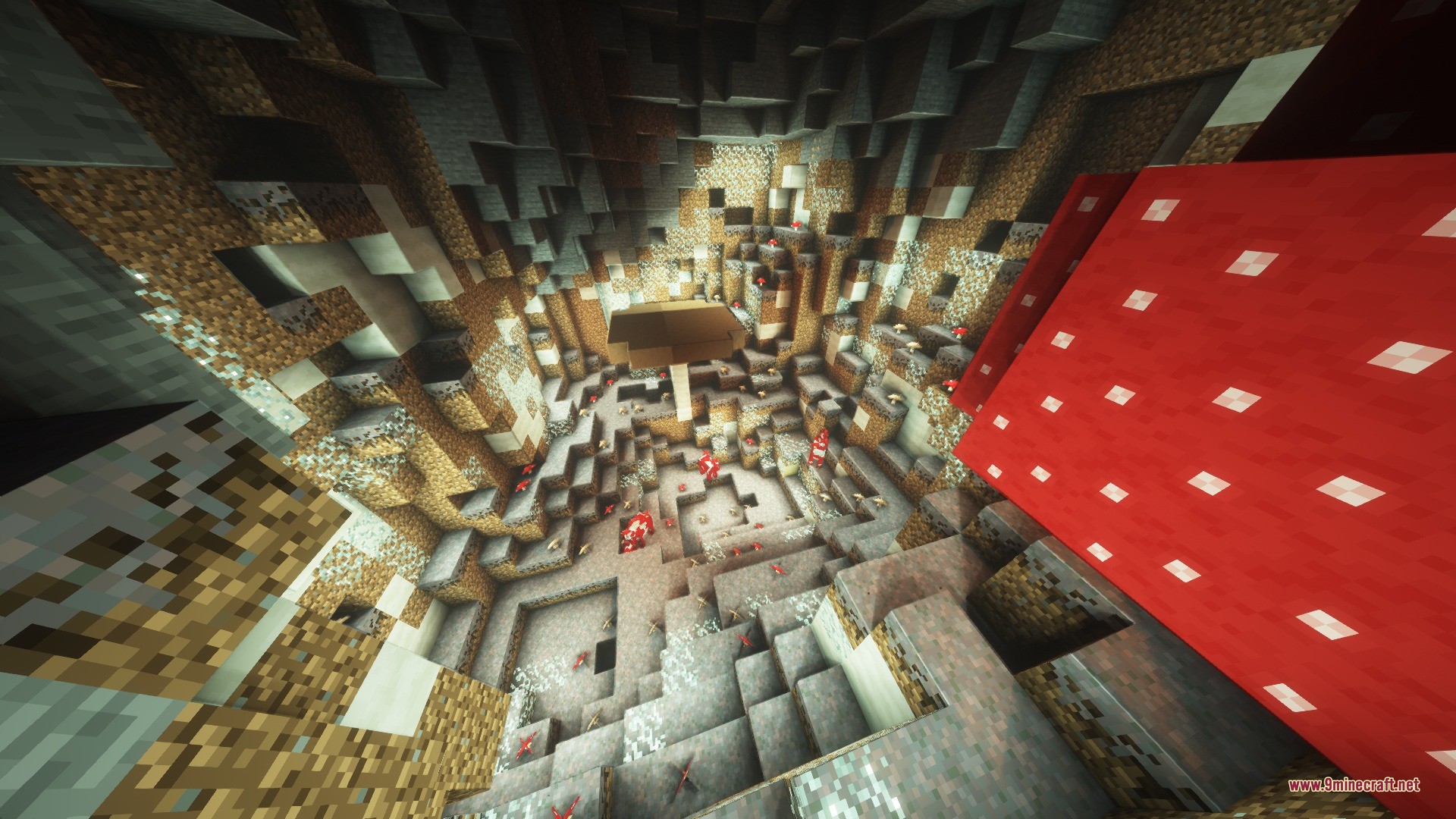 A large underground cavern filled with giant red and brown mushrooms and small fungi