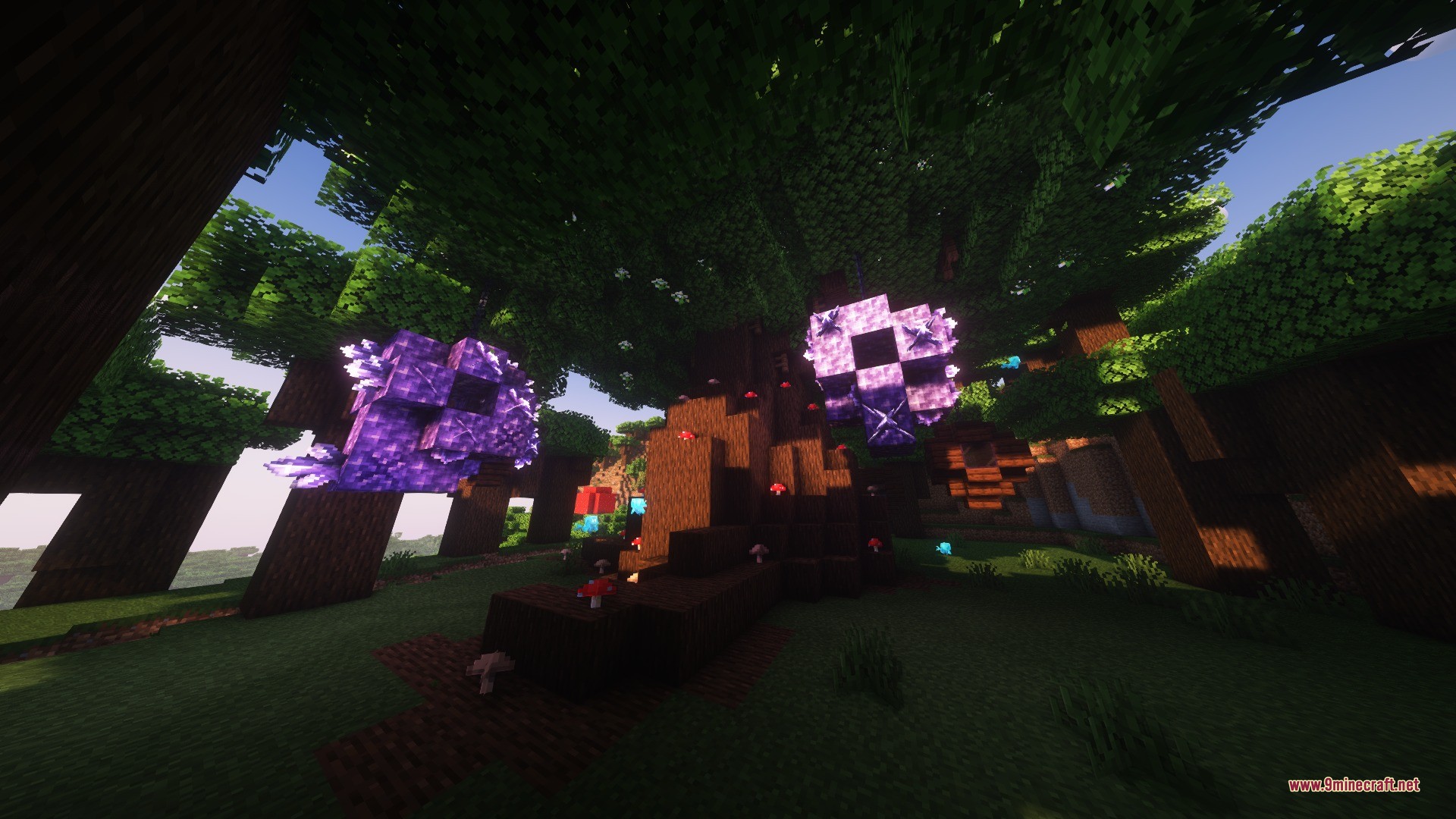 Giant dark oak tree with glowing purple amethyst crystals and small mushrooms