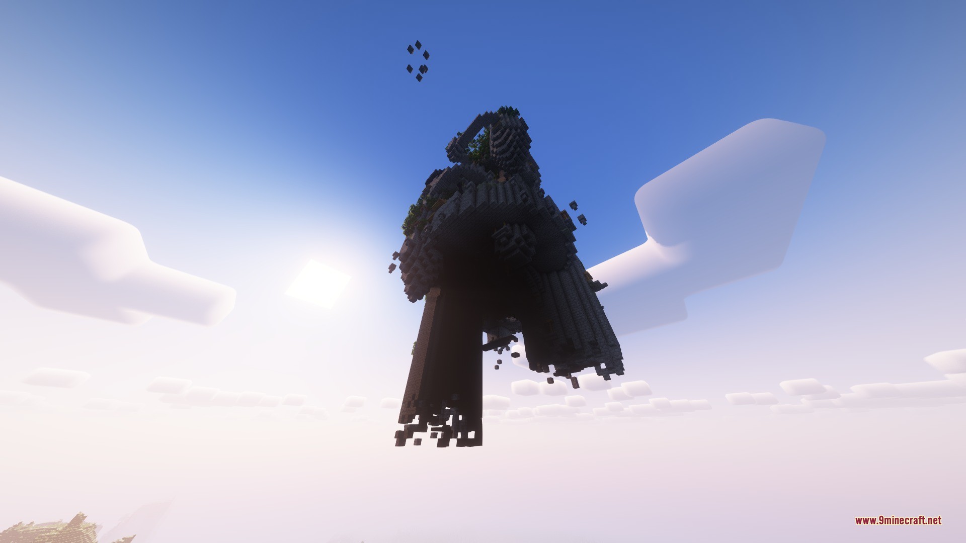 A massive floating sky dungeon structure seen from below against a bright sun