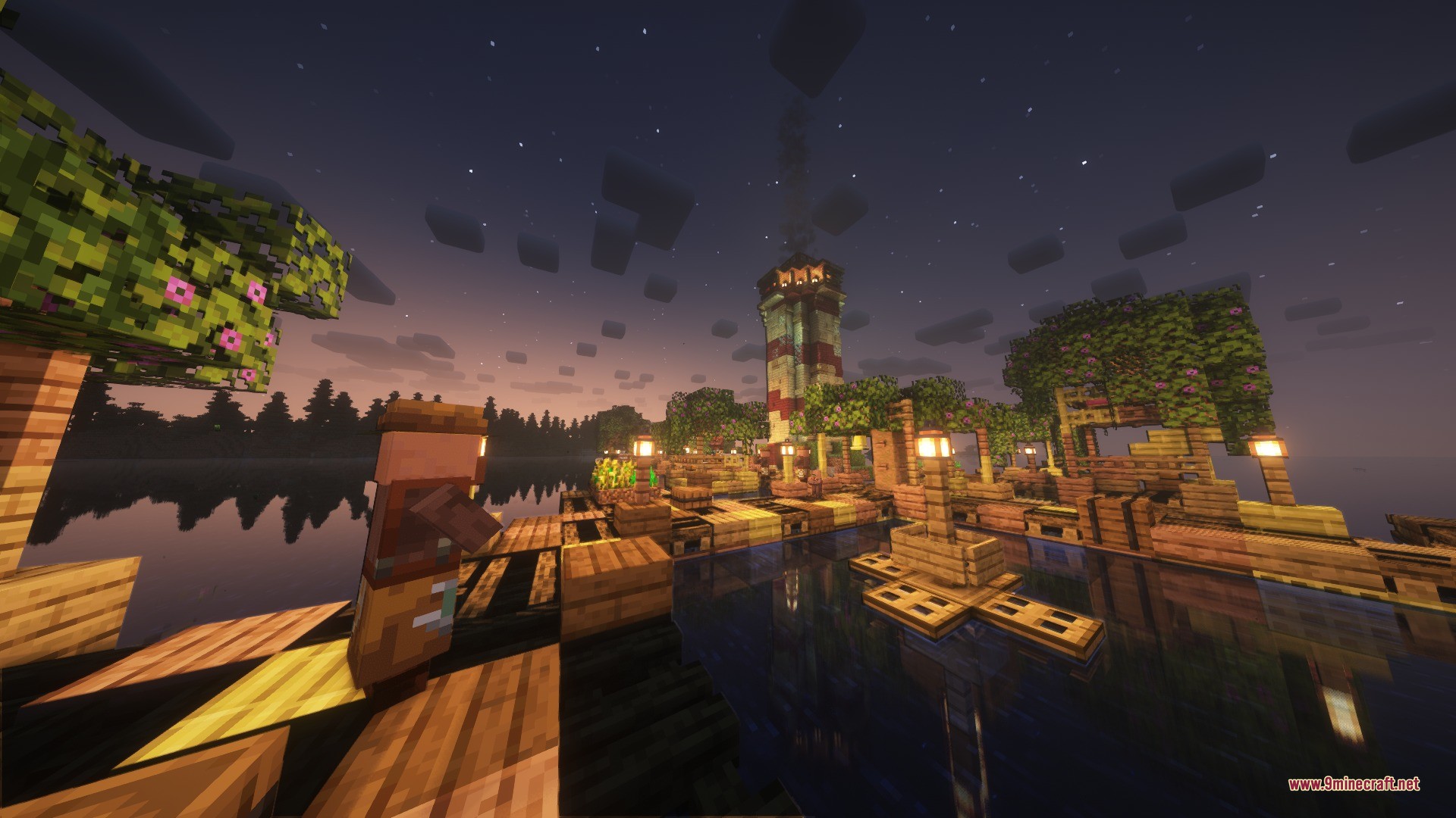 Katters Structures Village Data Pack (26.2, 1.21.1) – Trade In Hidden Towns 2 A villager stands on a wooden dock in an ocean village at night