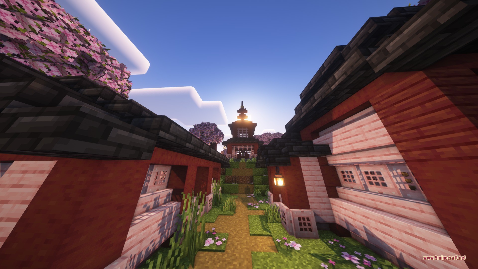 Katters Structures Village Data Pack (26.2, 1.21.1) – Trade In Hidden Towns 3 Traditional buildings and pink cherry blossom trees line a path in a cherry village